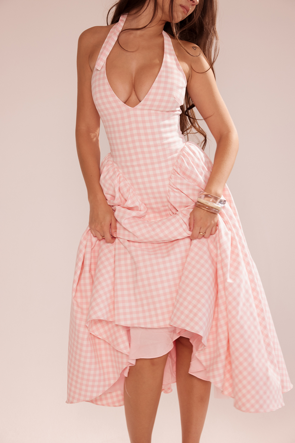 Marilyn Strawberry Shortcake Gingham Halter Midi Sundress