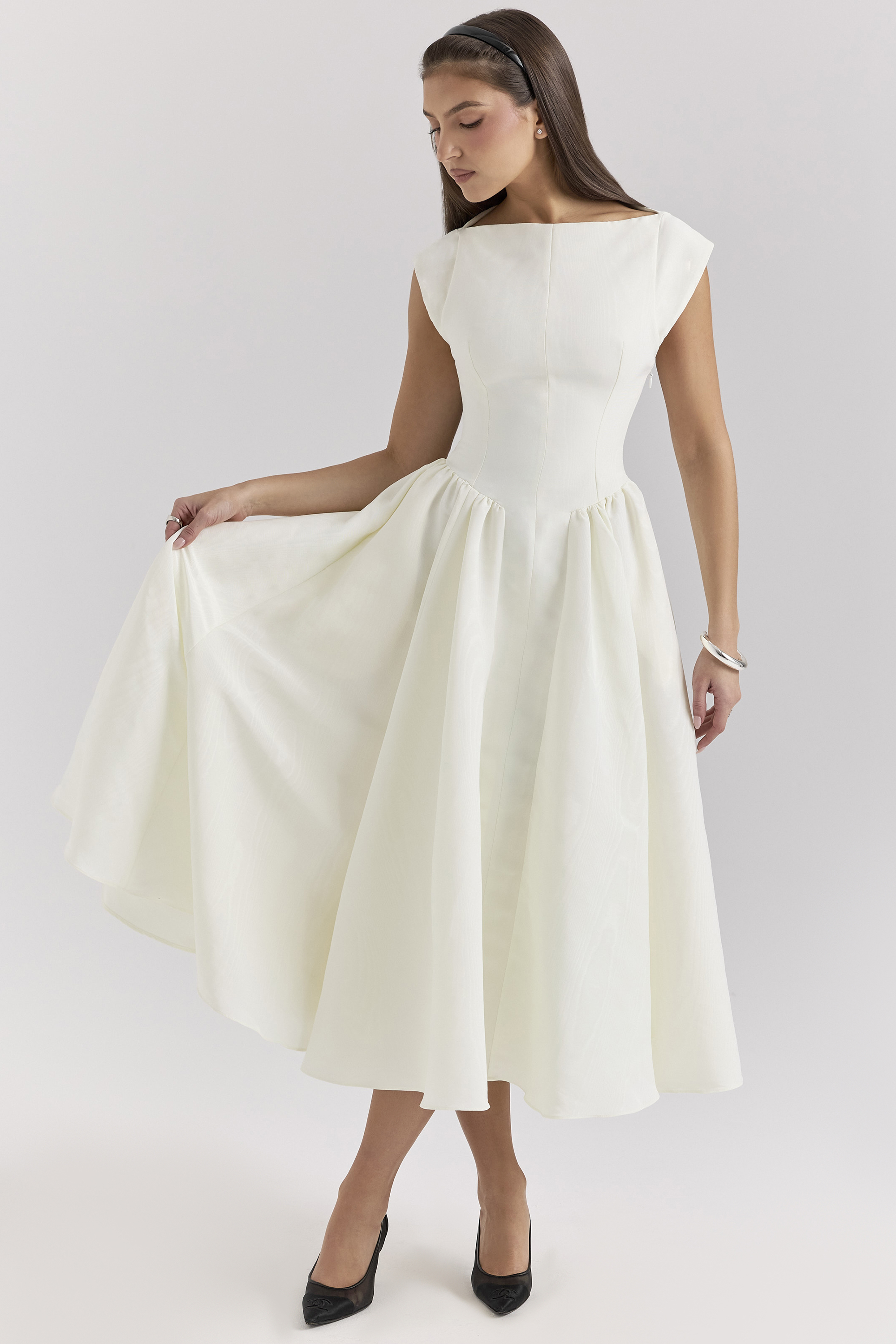 Debutante Ivory Moire Satin Midi Dress