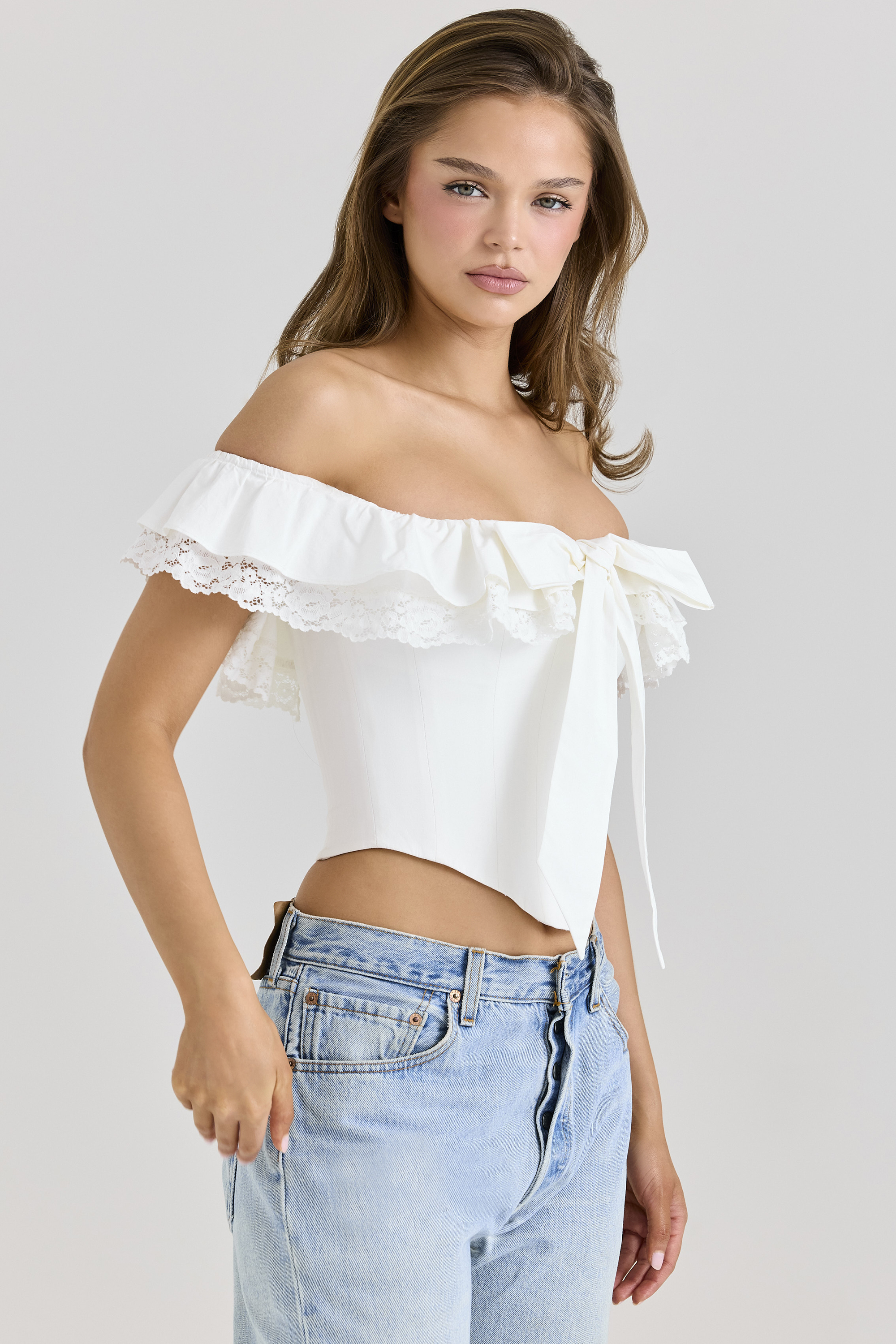 Aria White Stretch Cotton Off-The-Shoulder Frill Corset