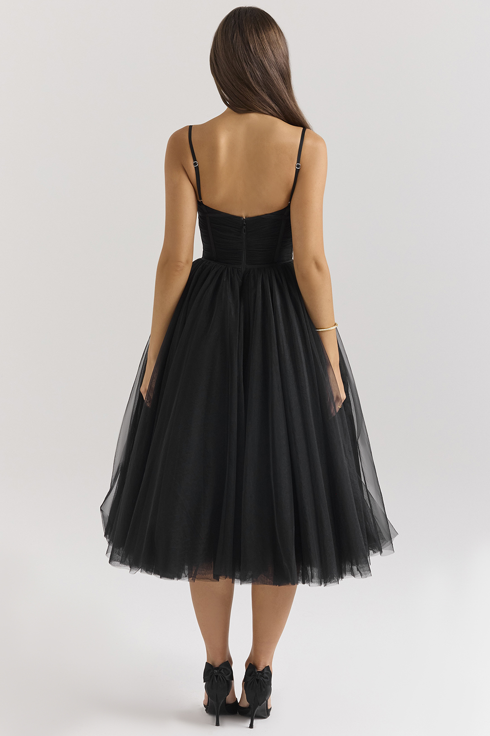 Countess Black Tulle Ruched Bodice Midi Dress - SALE