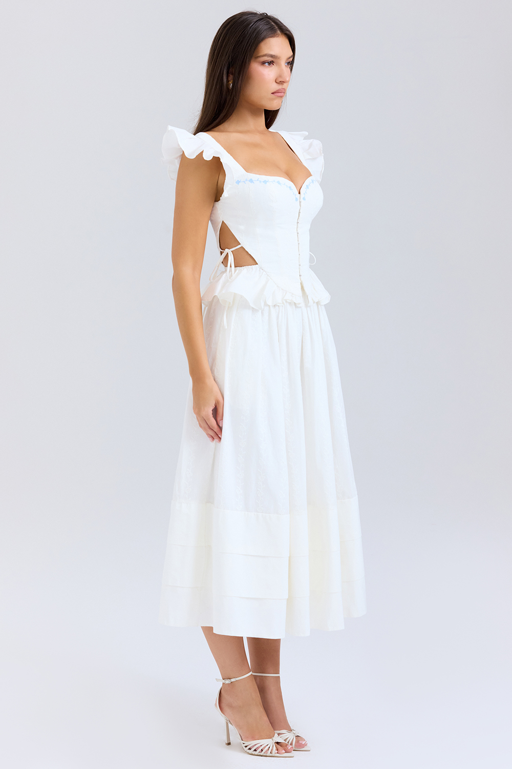 Augustine White Embroidered Cotton Midi Skirt