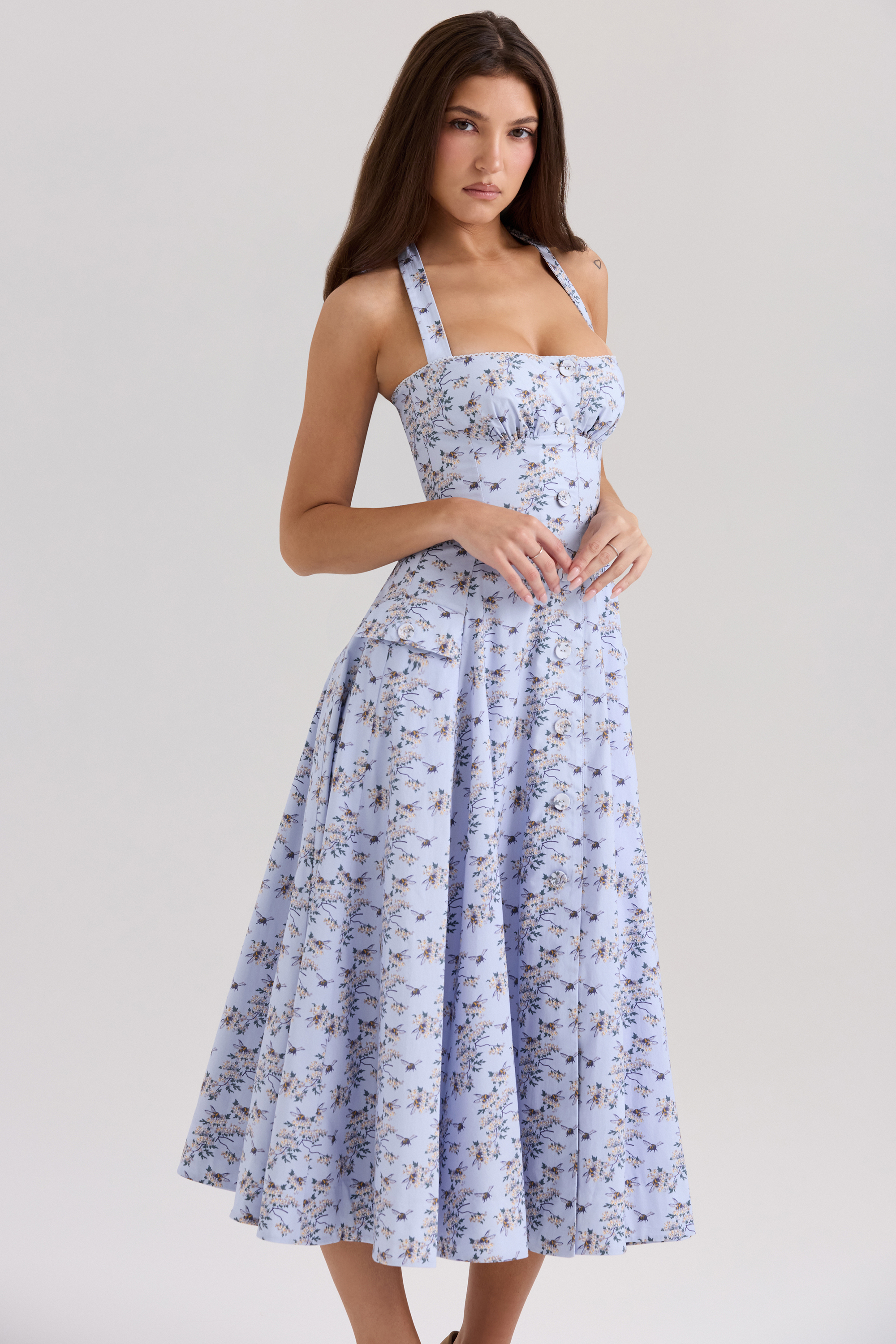 Claudia Blue Floral Print Stretch Cotton Halter Neck Midi Dress