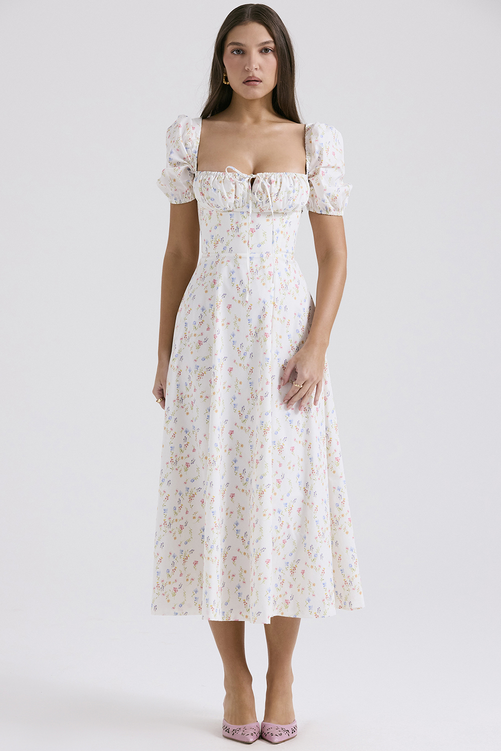 Tallulah White Posy Print Cotton Puff Sleeve Midi Sundress