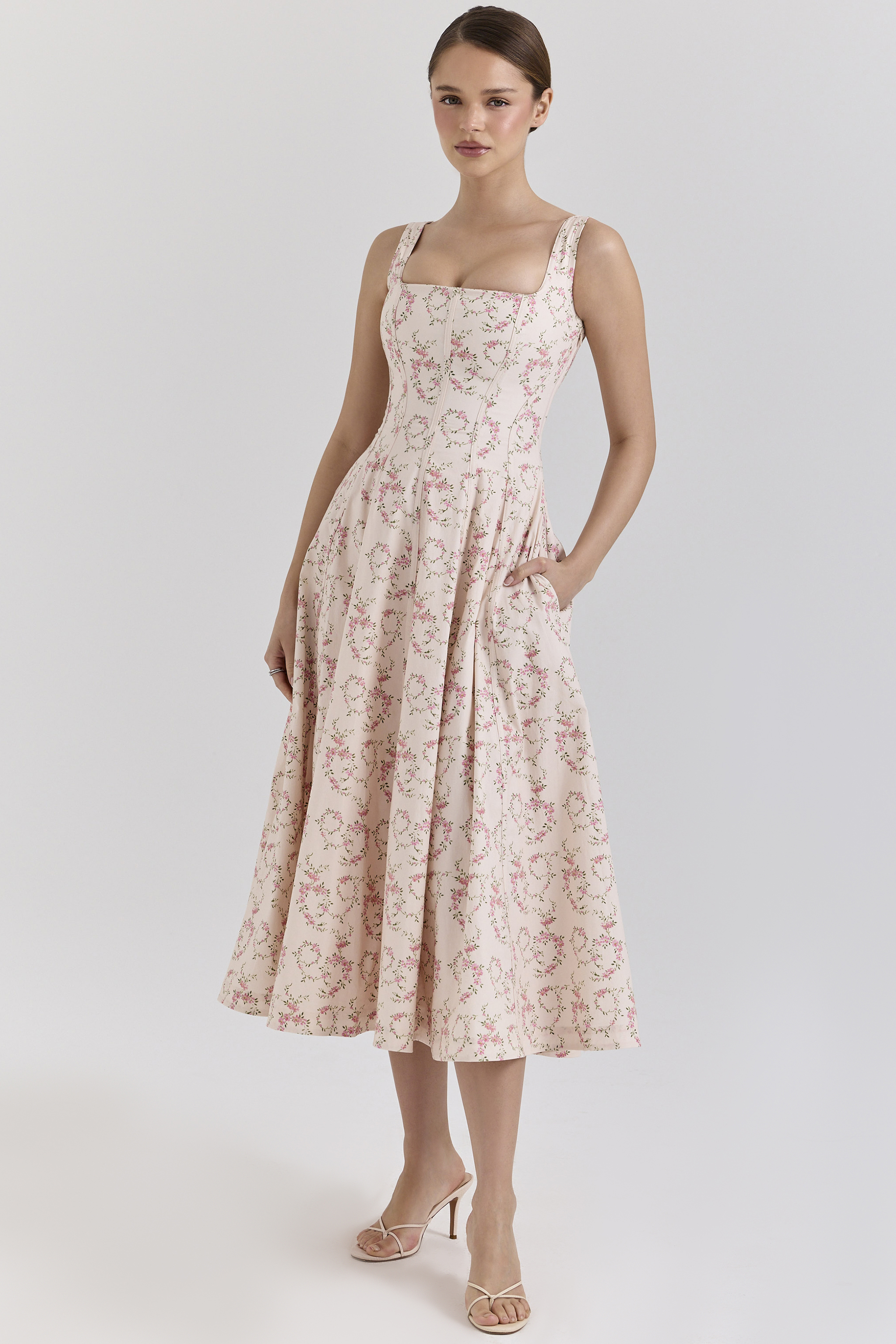 Mariabella Cream Floral Print Cotton Midi Sun Dress