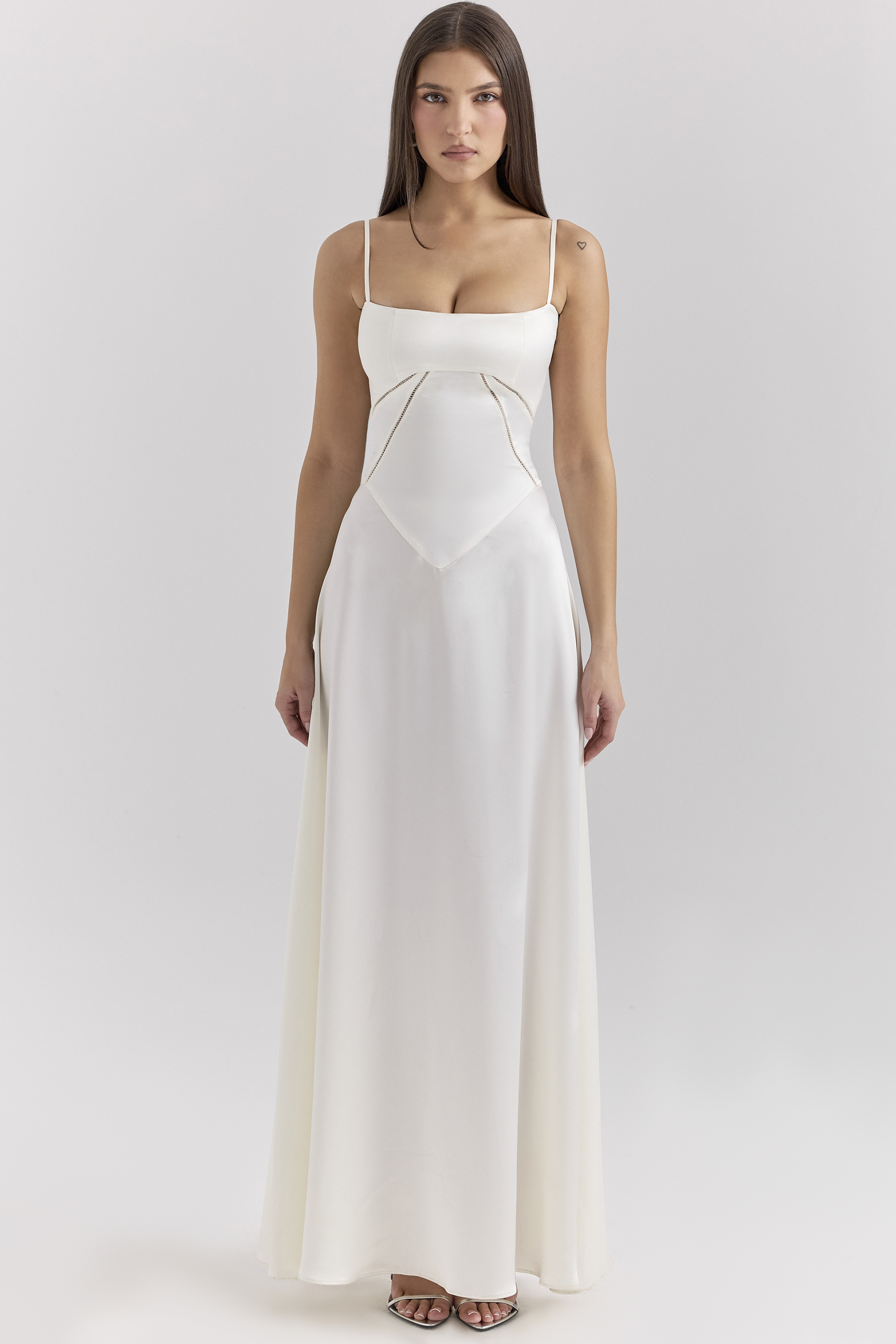 Anabella Ivory Satin Lace Up Maxi Dress