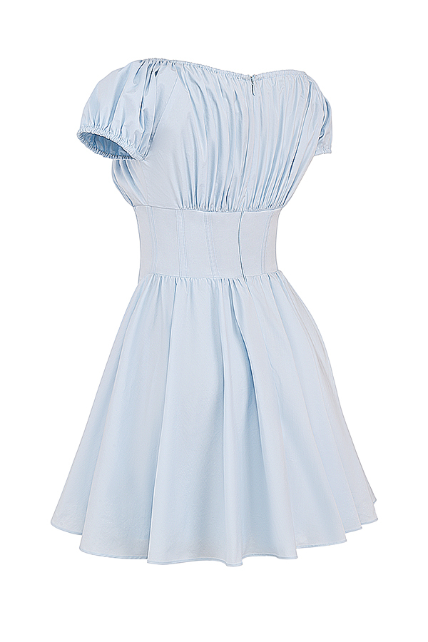Nala Soft Blue Cotton Gathered Mini Dress