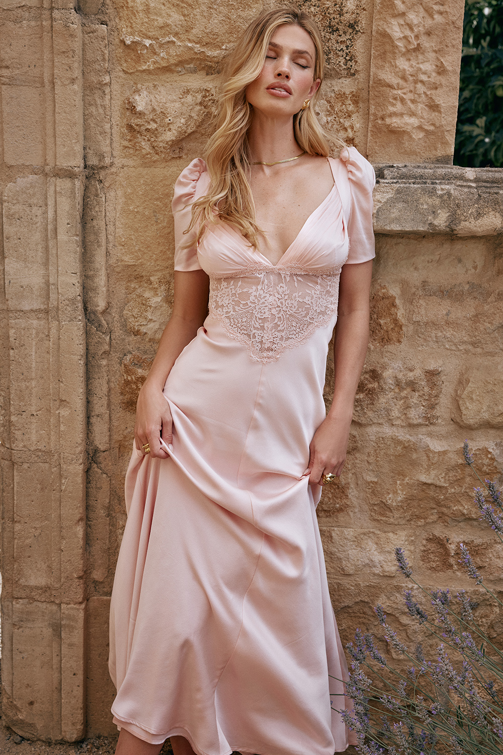 Rafaela Soft Peach Pure Silk & Lace Dress