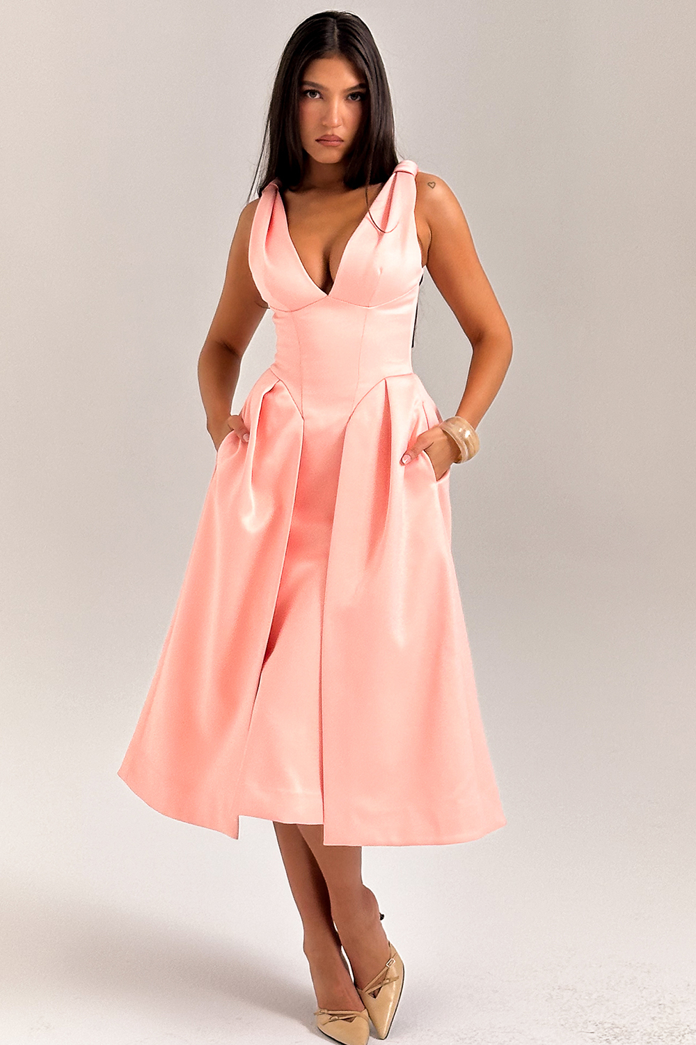 Paloma Peach Satin Pleated Midi Dress - SALE