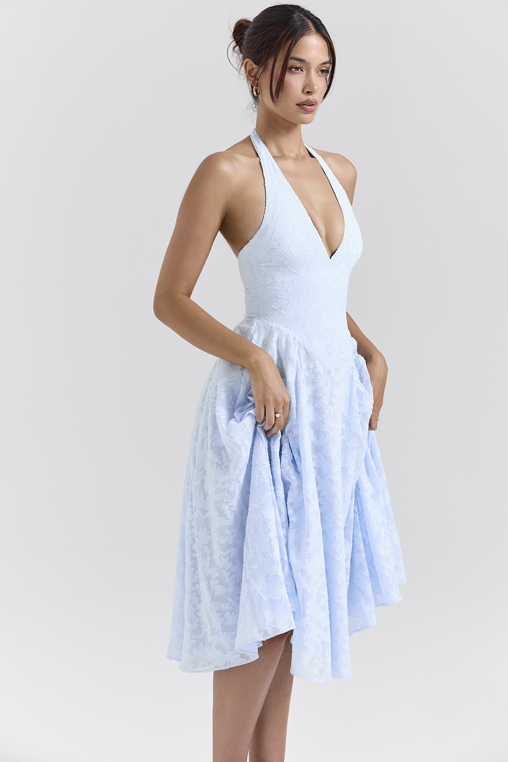 Arietta Bluebell Floral Jacquard Halter Midi Dress