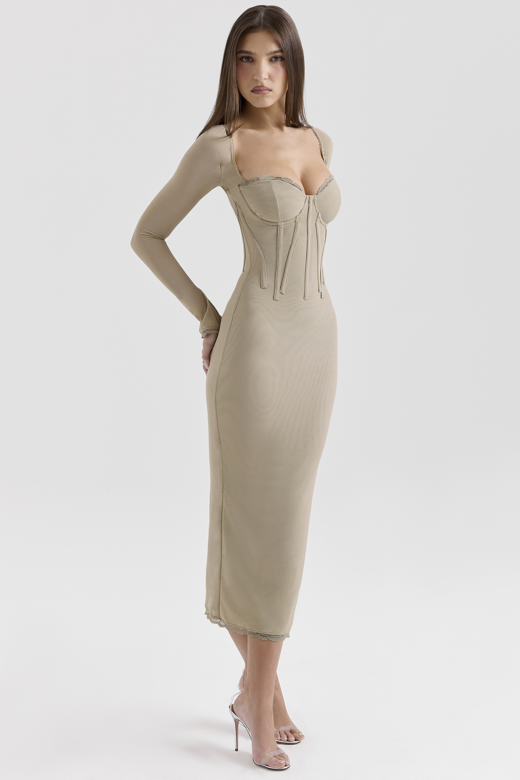 Saisha Beige Mesh Long Sleeve Bodycon Midi Dress