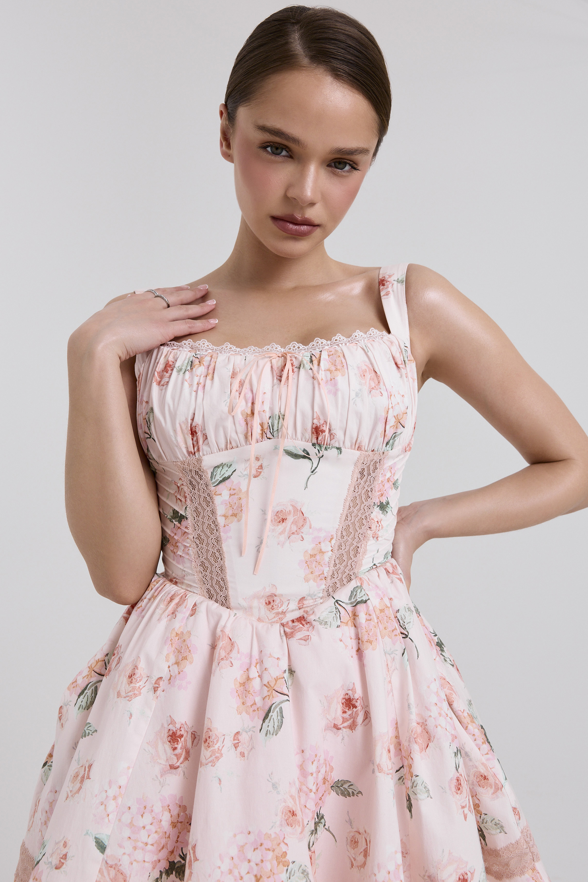 Kimmie Peach Floral Rose Print Cotton Mini Dress