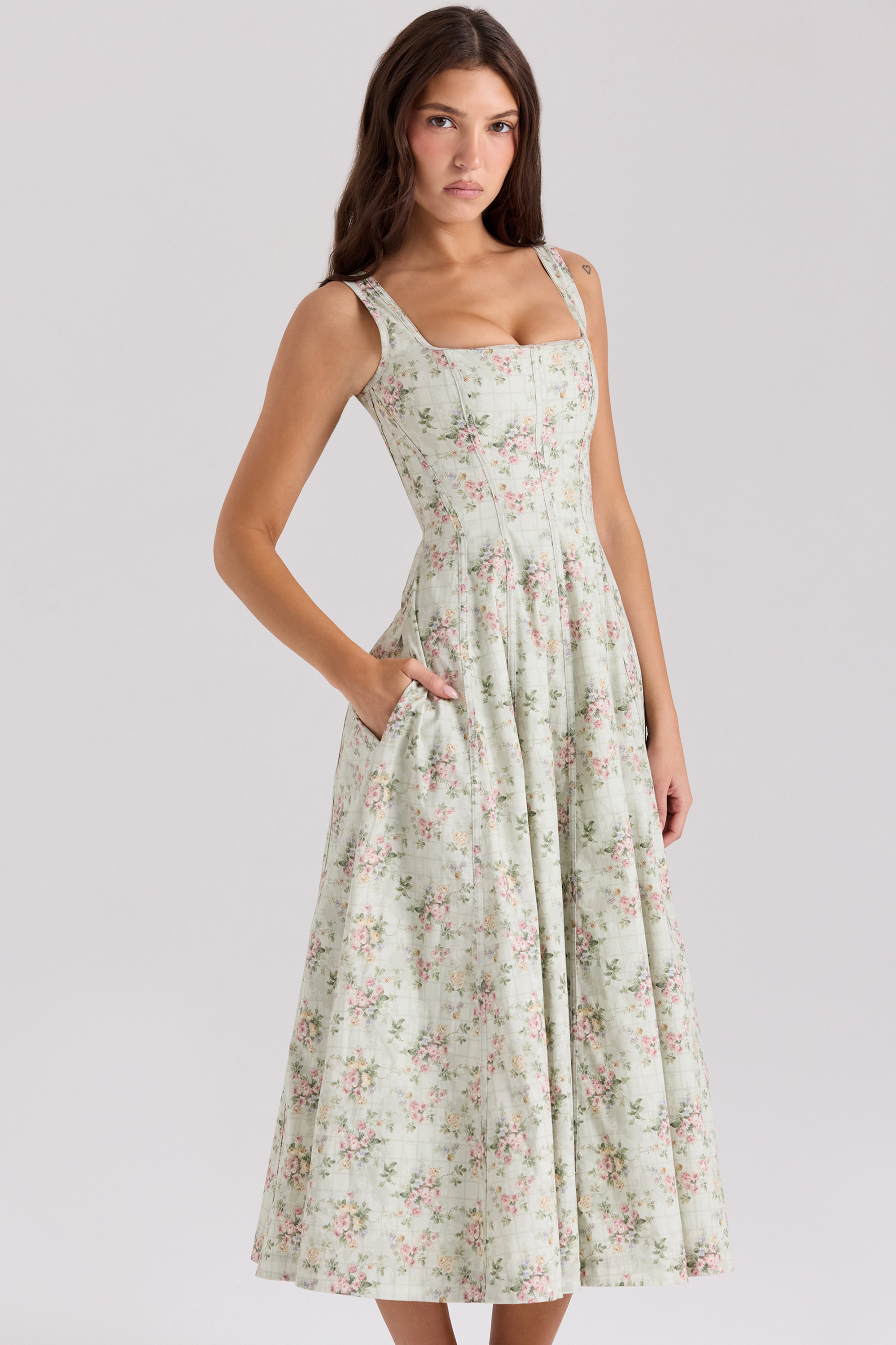 Mariabella Sage Floral Print Cotton Midi Dress