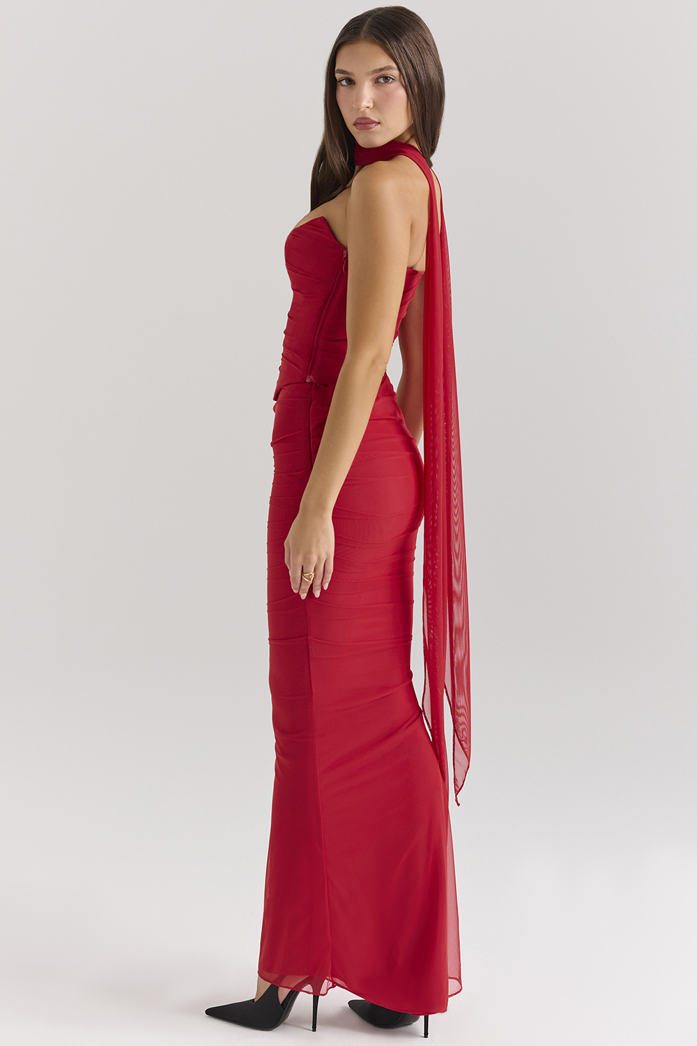 Cassidy Holly Red Mesh Maxi Skirt with Fluted Hem