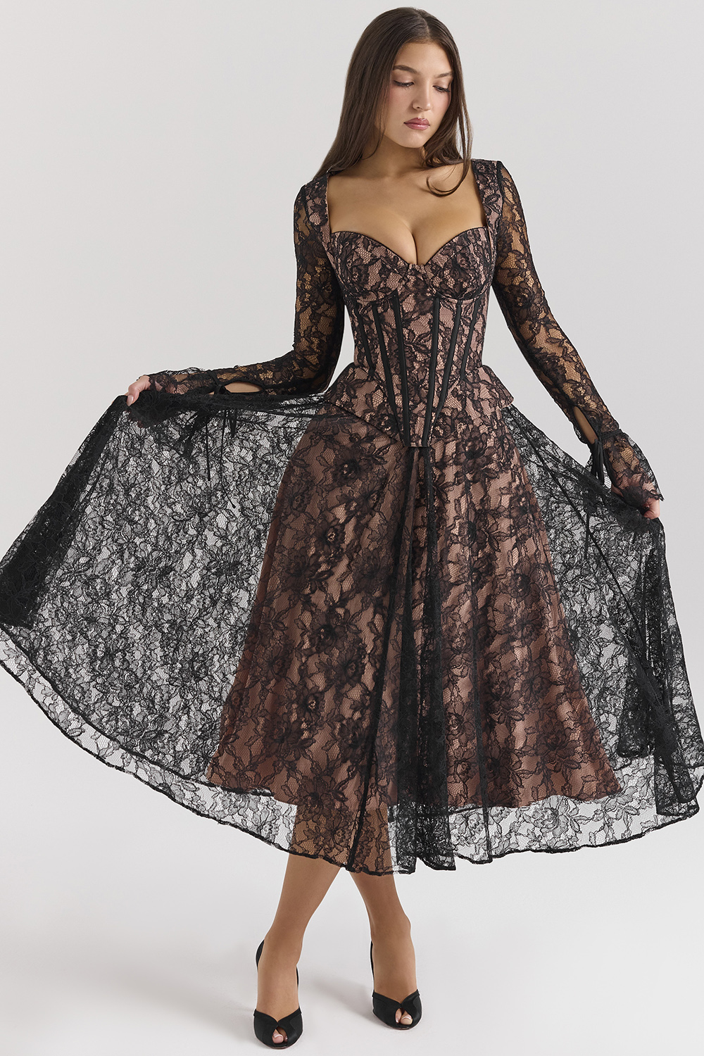 Raquel Black Lace Corset Midi Dress - SALE