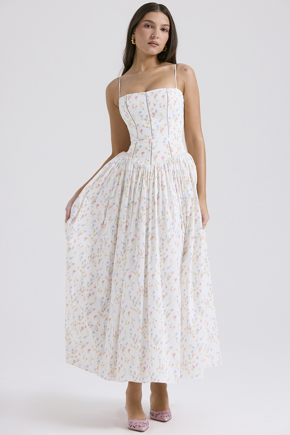 Ysabella White Posy Print Cotton Maxi Sundress