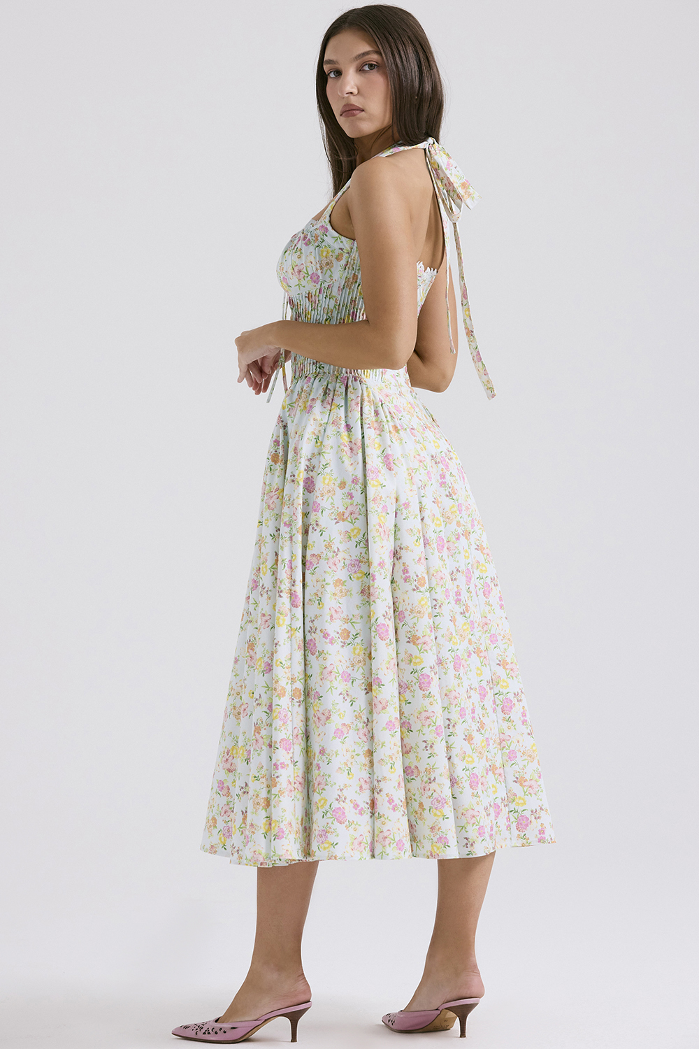 Adabella Pale Blue Meadow Print Cotton Halter Sundress