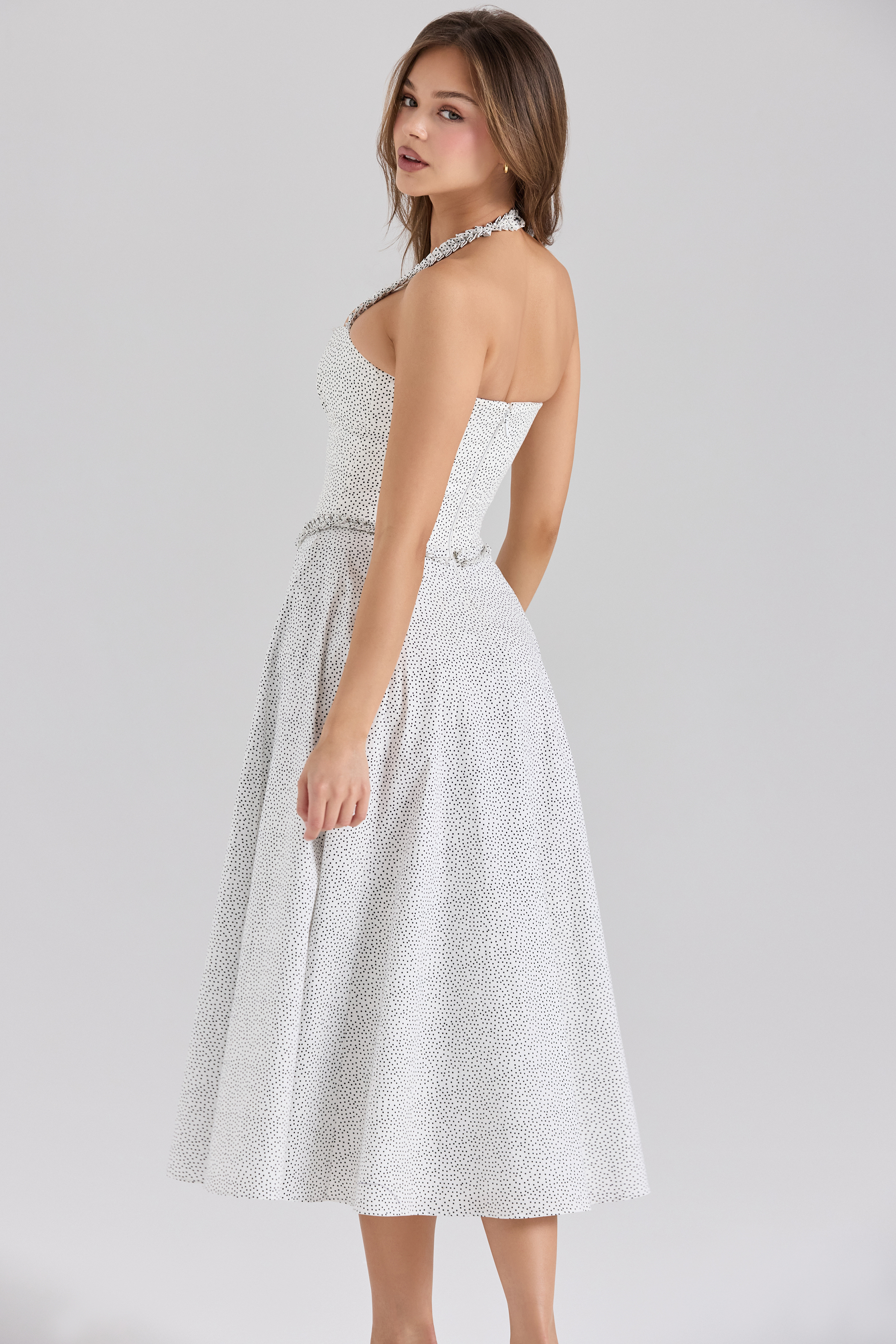 Georgie Cotton Halter Neck Polka Dot Print Midi Dress