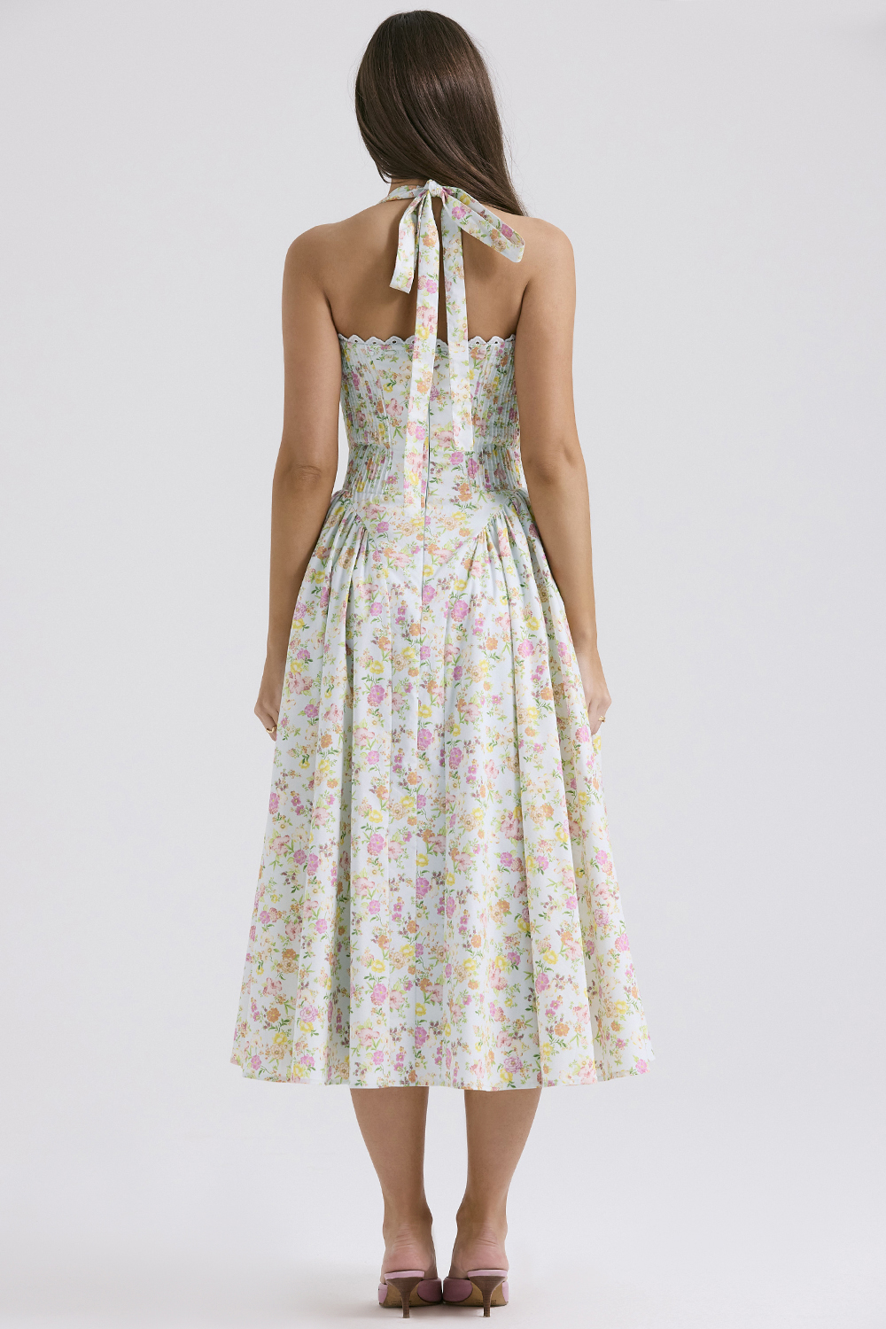 Adabella Pale Blue Meadow Print Cotton Halter Sundress