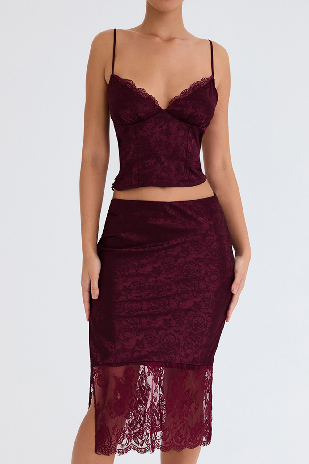 Mistress Rocks Mulberry Satin And Lace Midi Skirt - SALE