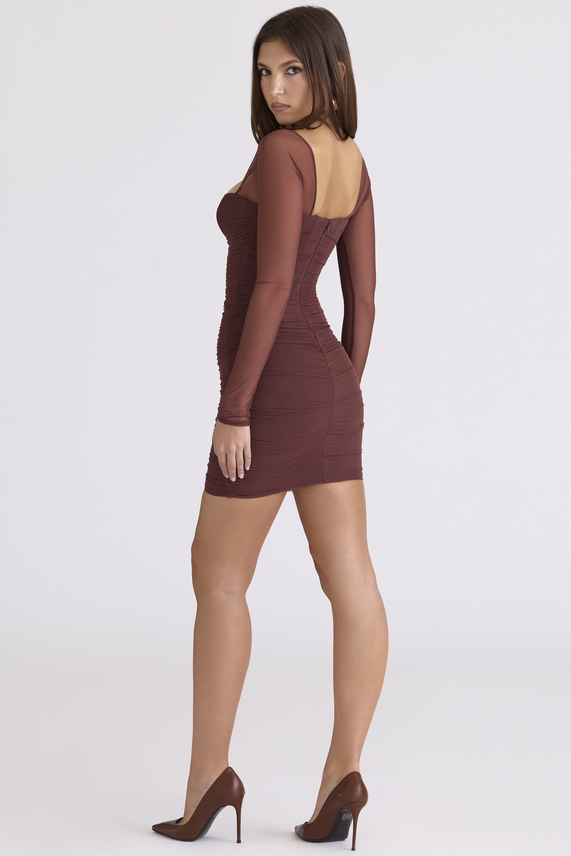 Anouk Mocha Mesh Long Sleeve Mini Dress