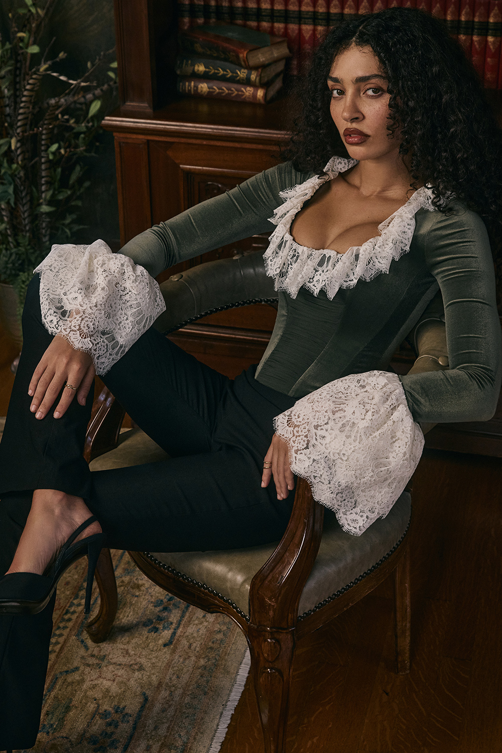 Jacinda Forest Green Velvet Lace Trimmed Corset Top - SALE