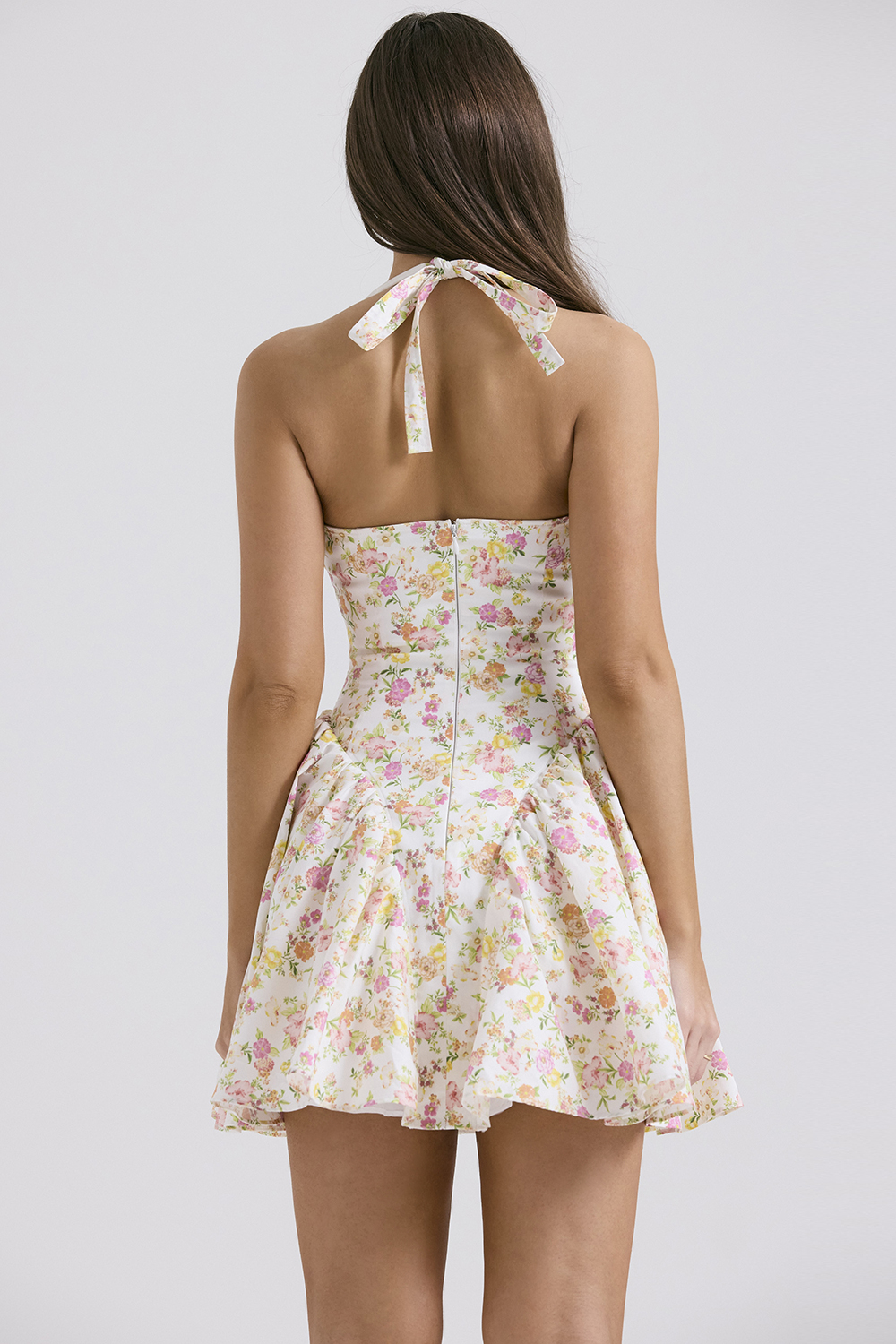 Valentia Ivory Meadow Print Cotton Halter Mini Dress