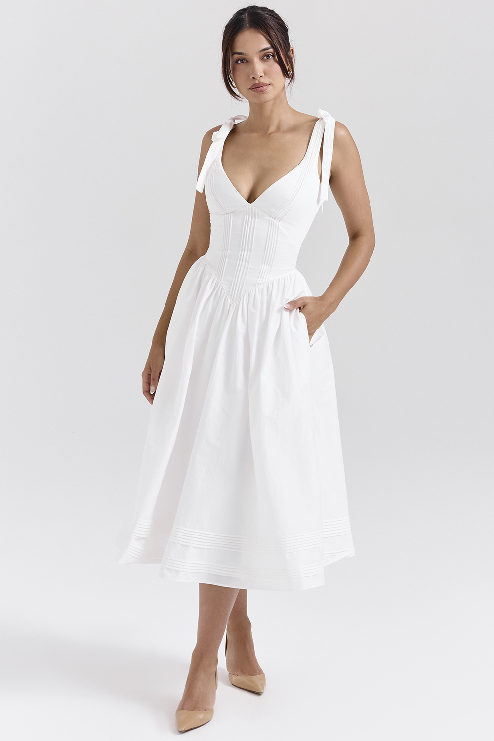 Hattie White Pin Tuck Cotton Midi Sundress