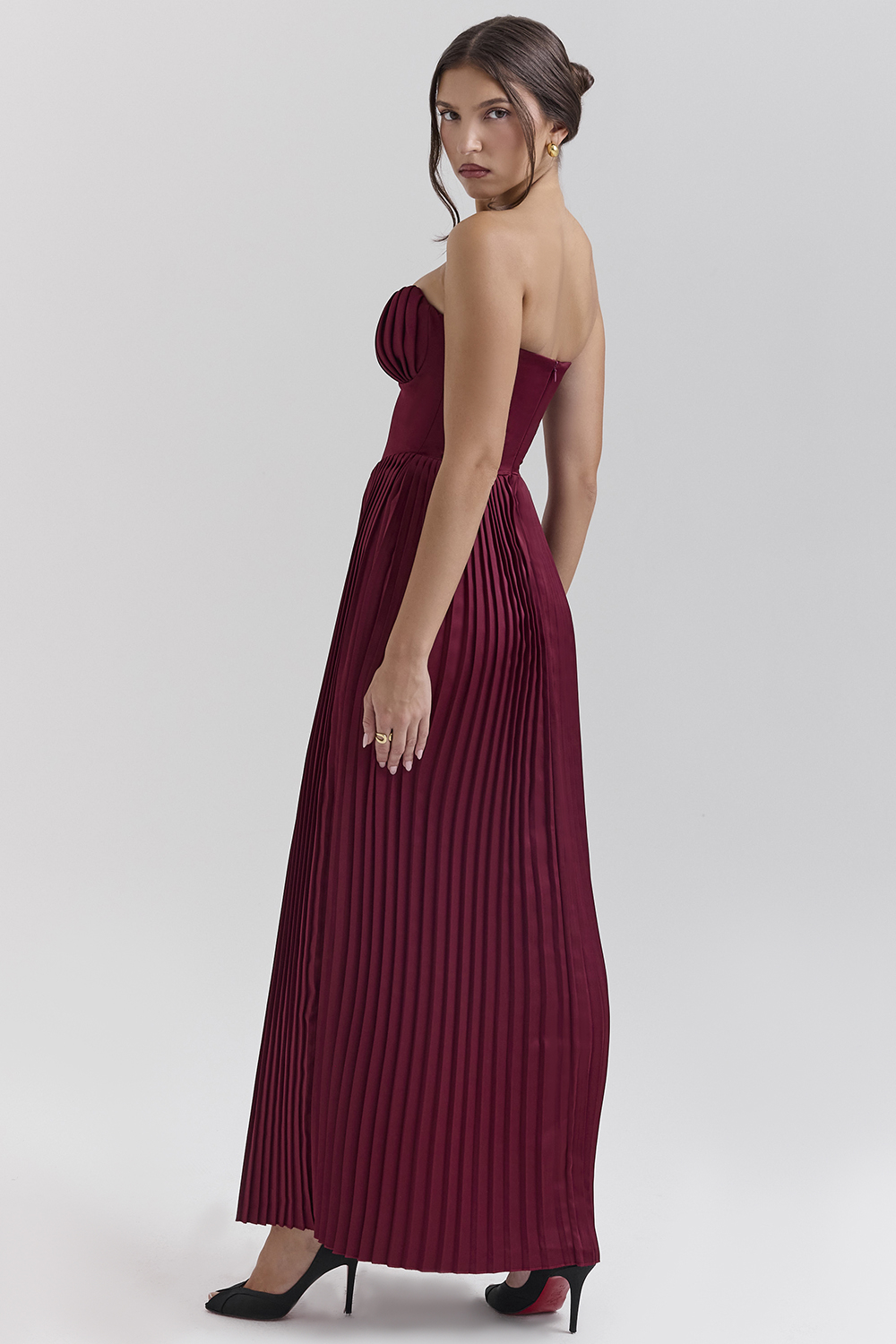Marcella Berry Pleated Satin Maxi Dress
