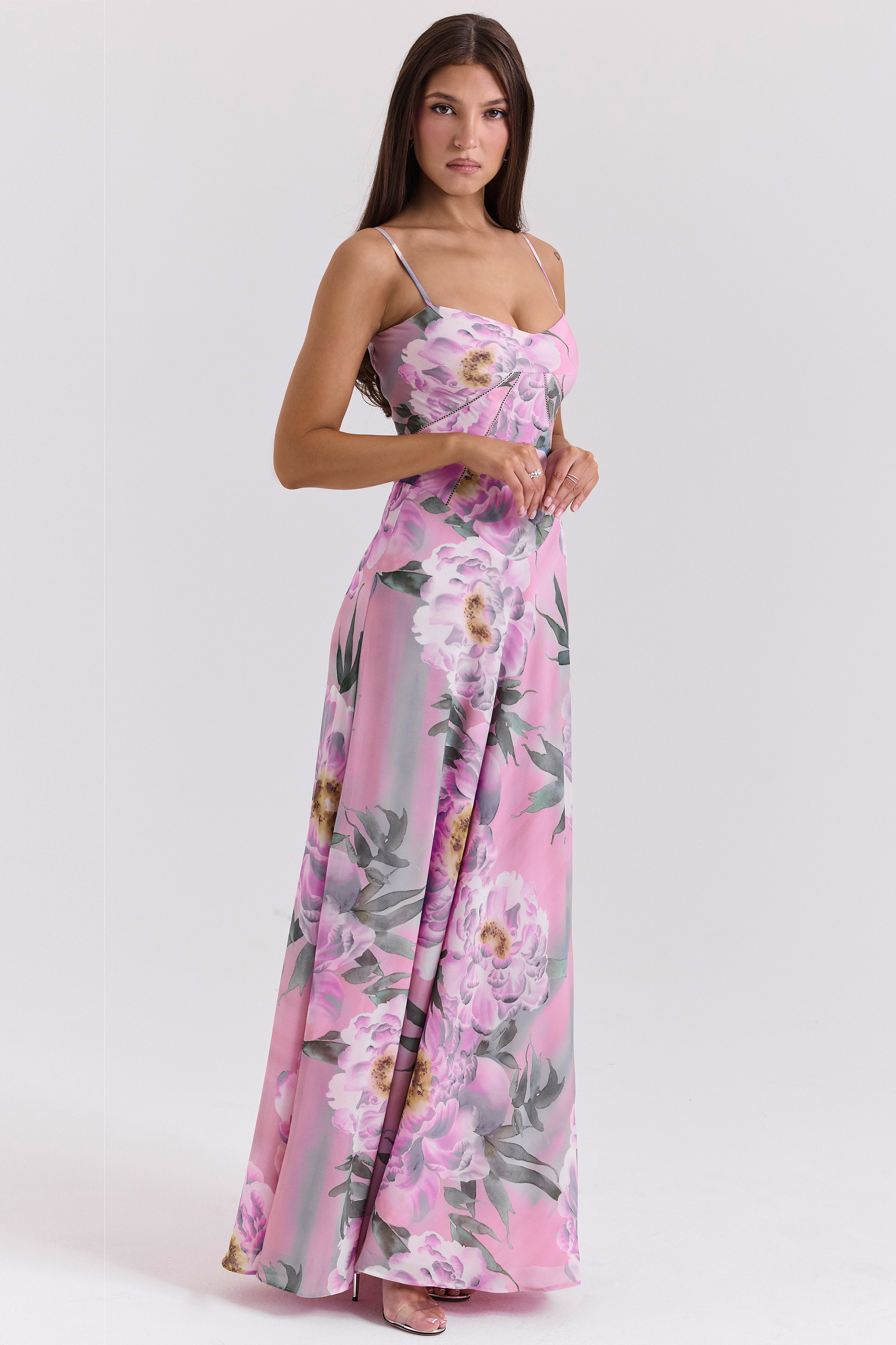 Seren Pink Floral Print Lace Back Maxi Dress