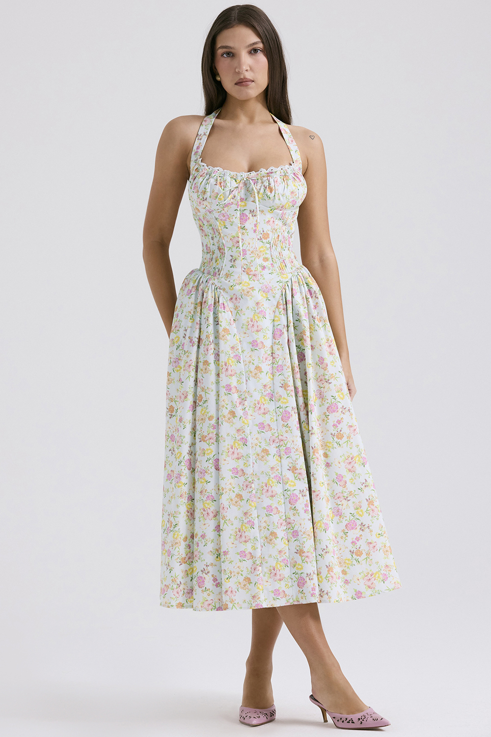 Adabella Pale Blue Meadow Print Cotton Halter Sundress