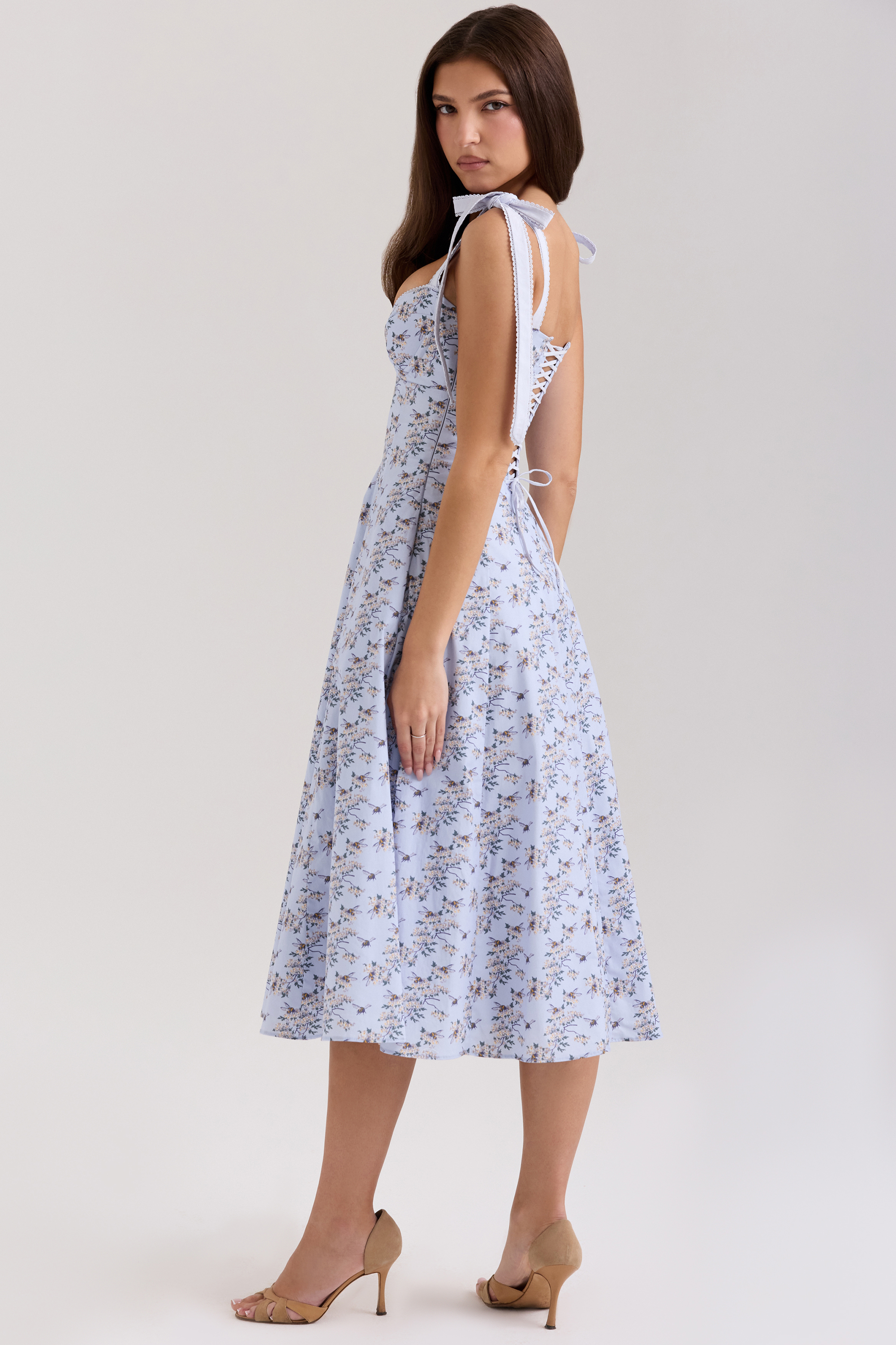 Emely Blue Floral Print Stretch Cotton Midi Sundress