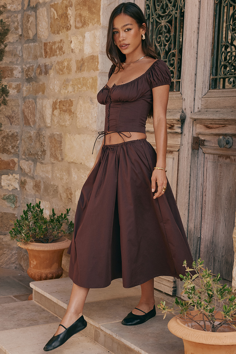 Cora Rich Brown Gathered Midi Skirt