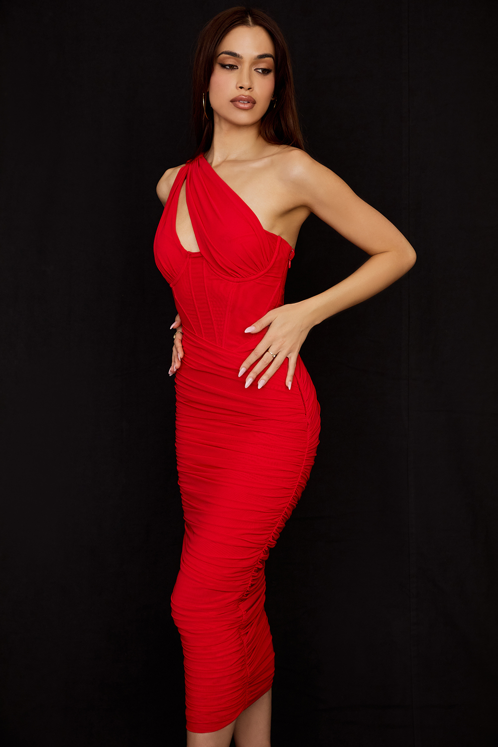 Valentina Scarlet Asymmetric Cutout Midi Dress