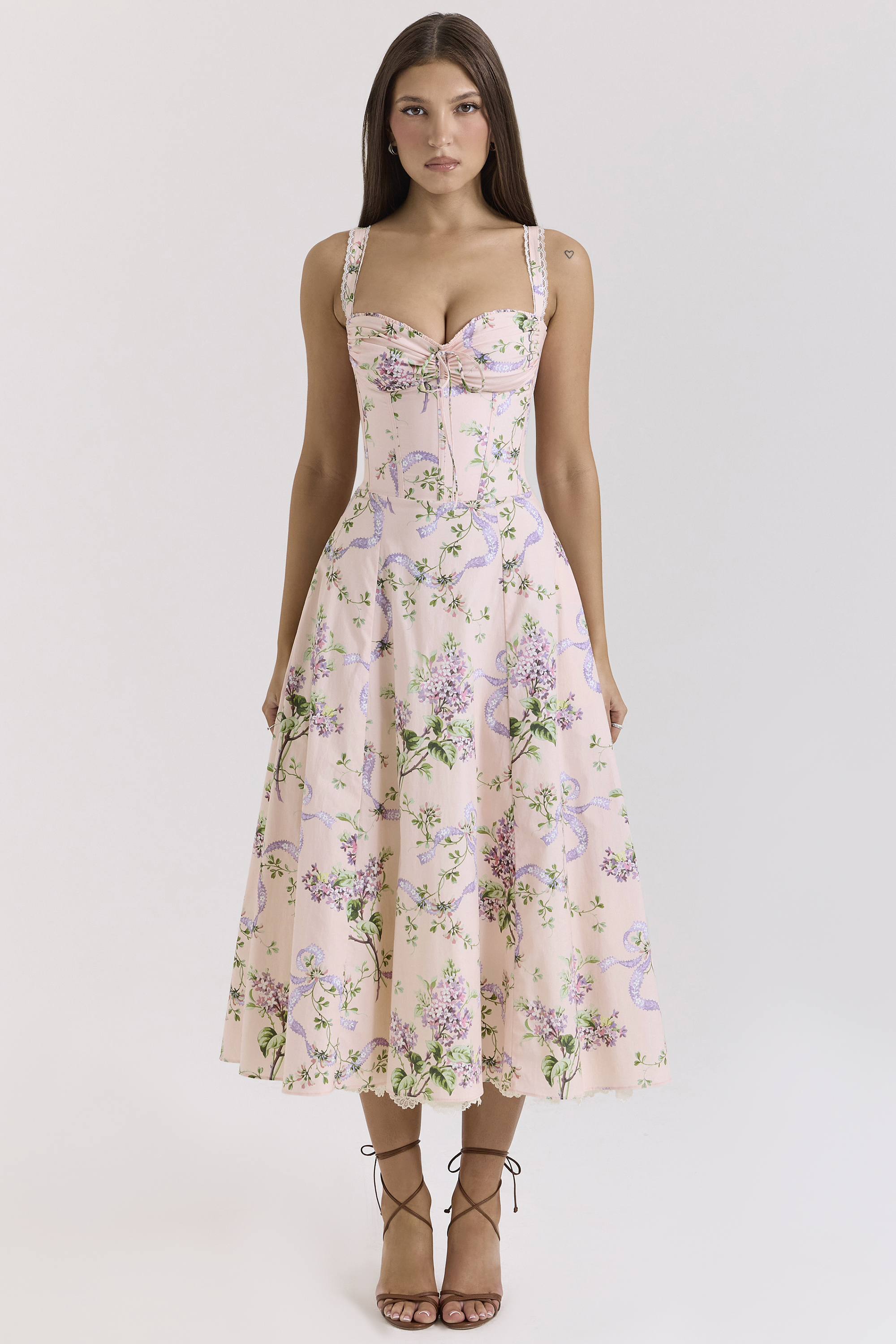 Rosalee Pink Floral Corset Midi Dress
