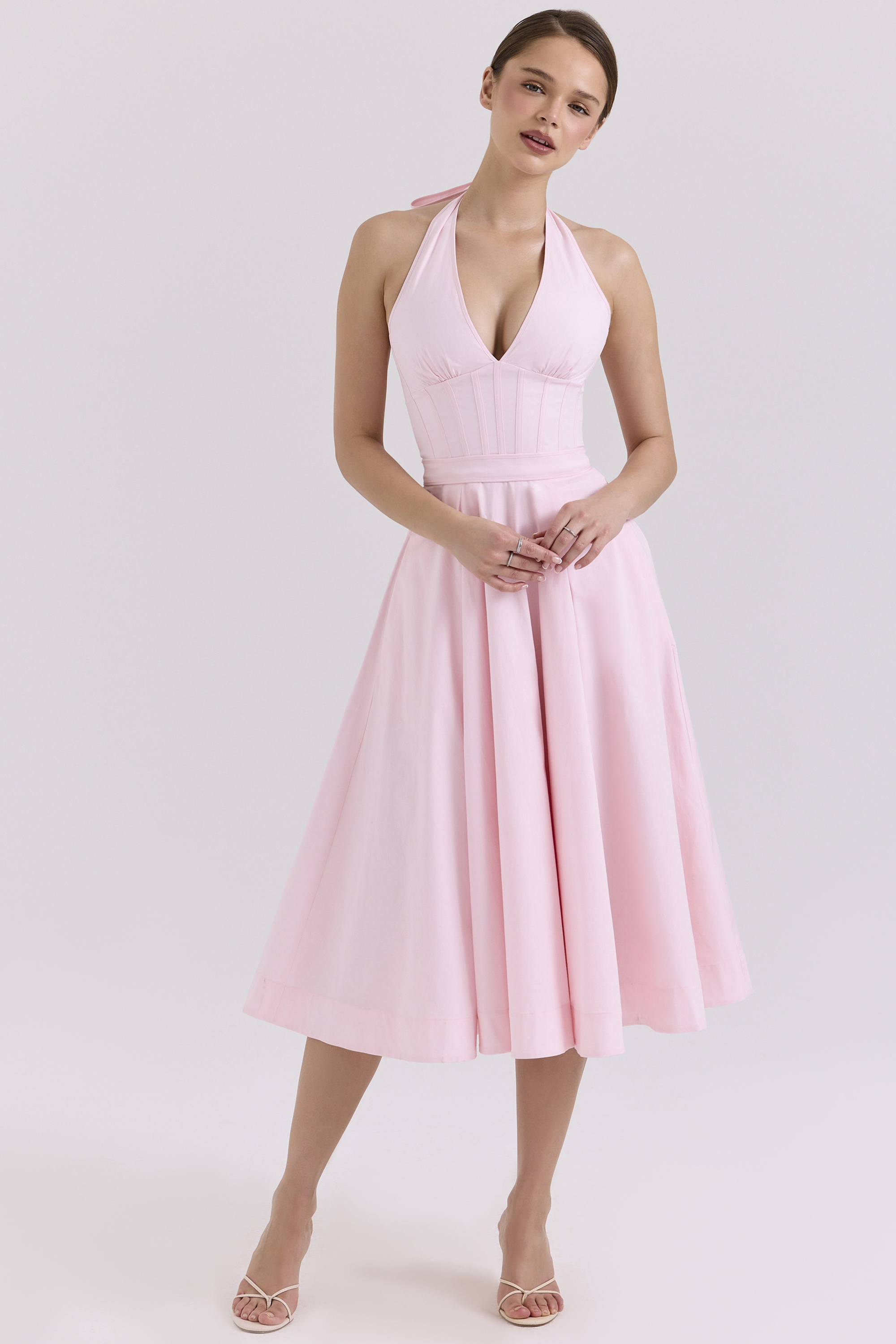 Allena Pink Stretch Cotton Halter Midi Sundress