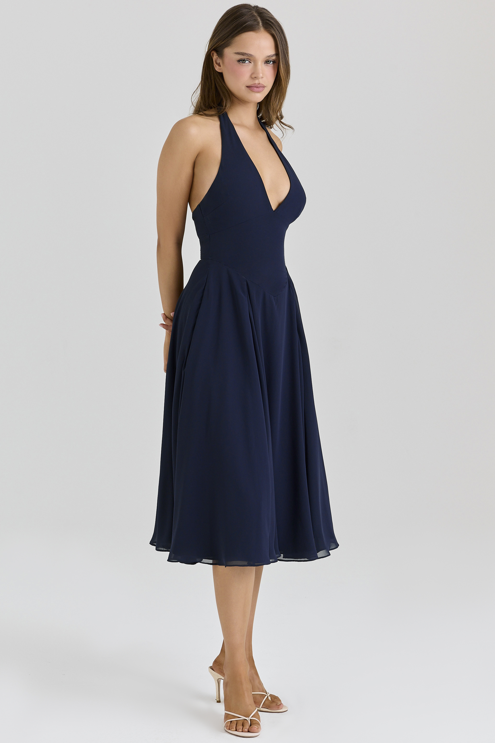 Solada Navy Georgette Halter Midi Dress