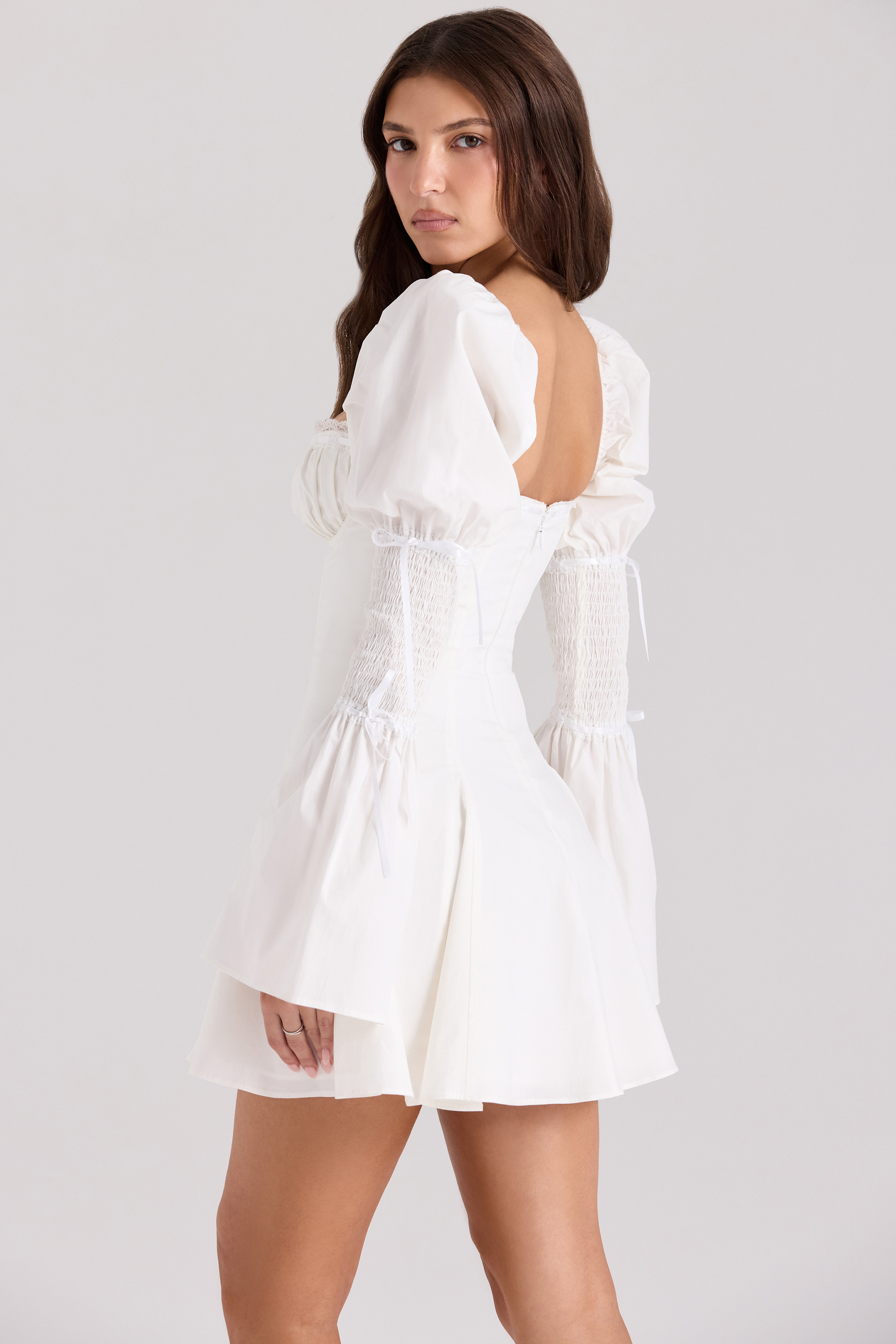Ellerie White Cotton Flute Sleeve Mini Dress