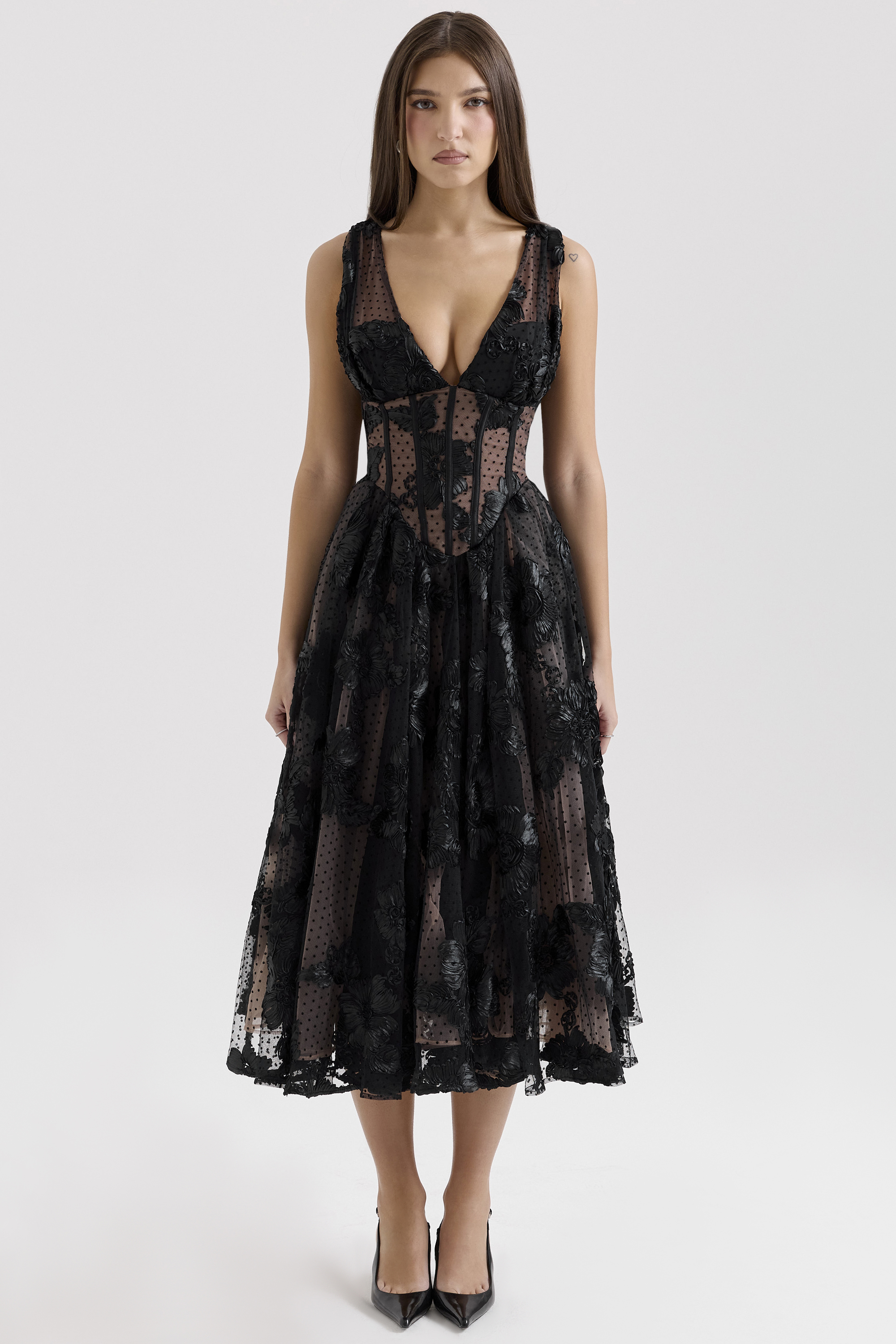 Sianna Black Embroidered Tulle Corset Midi Dress