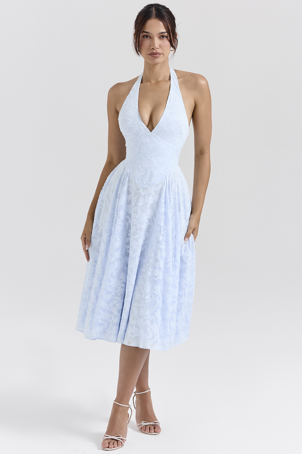 Arietta Bluebell Floral Jacquard Halter Midi Dress