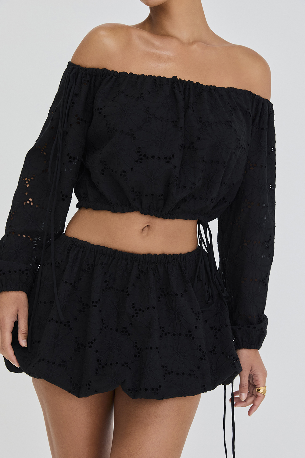 Mistress Rocks Black Broderie Cotton Off Shoulder Top - SALE