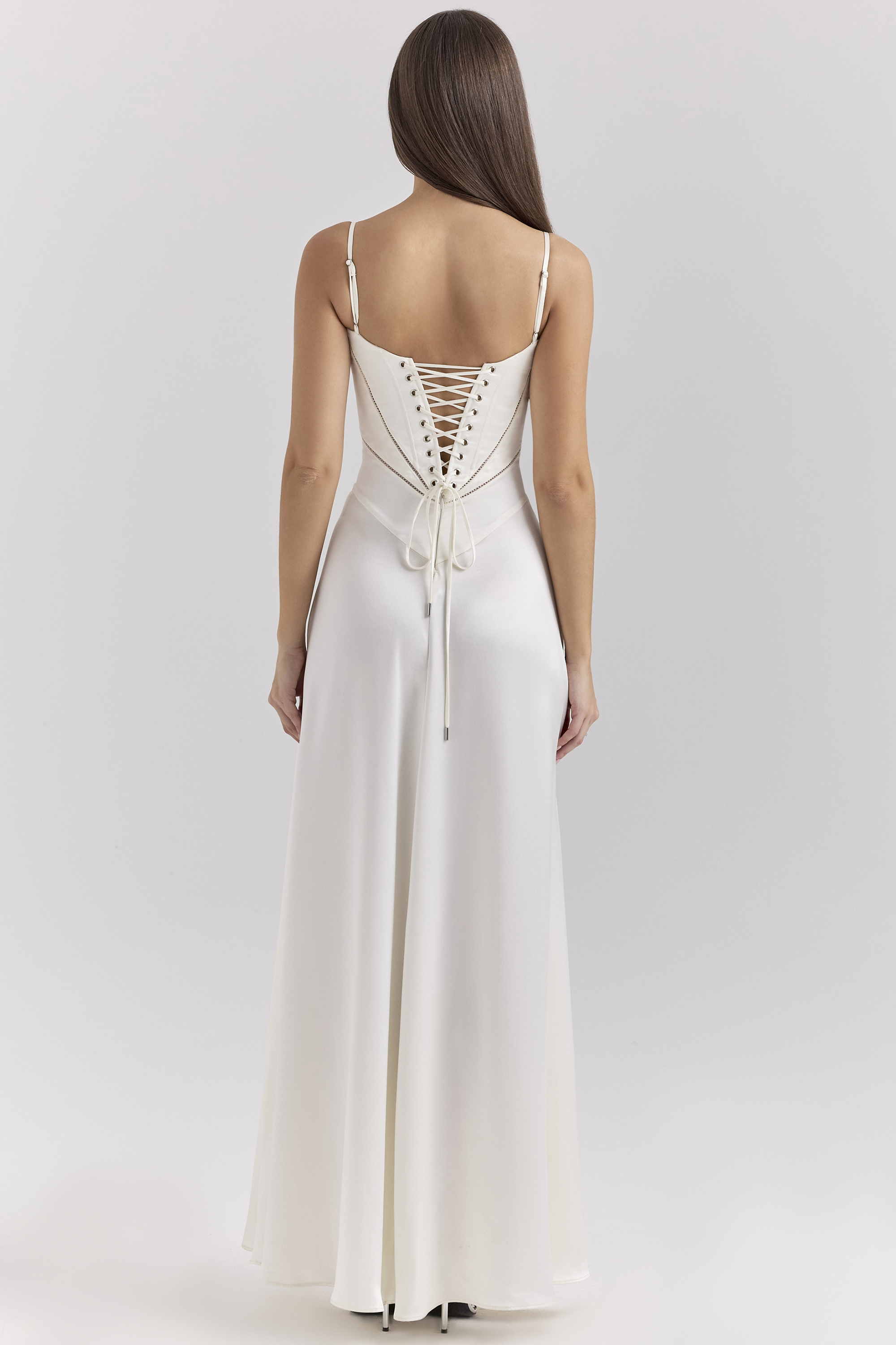 Anabella Ivory Satin Lace Up Maxi Dress