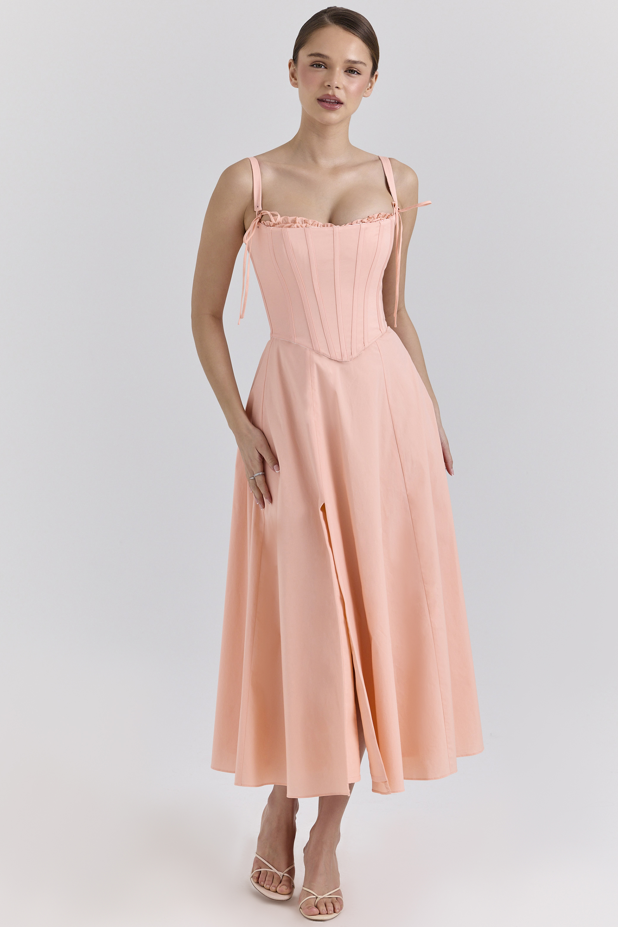 Clarabelle Peach Cotton Detachable Corset Midi SunDress