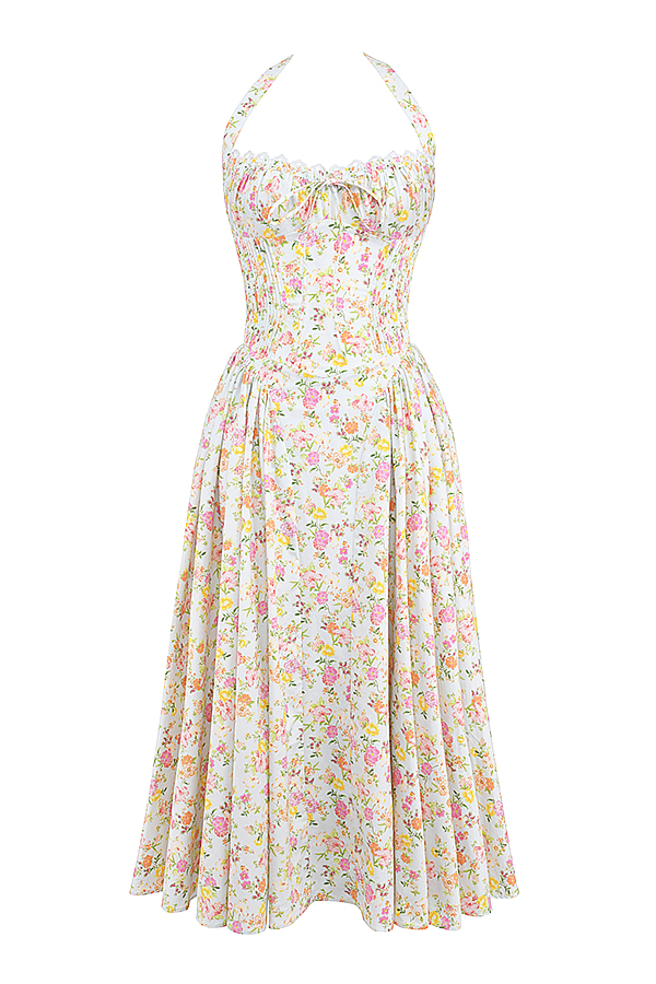 Adabella Pale Blue Meadow Print Cotton Halter Sundress