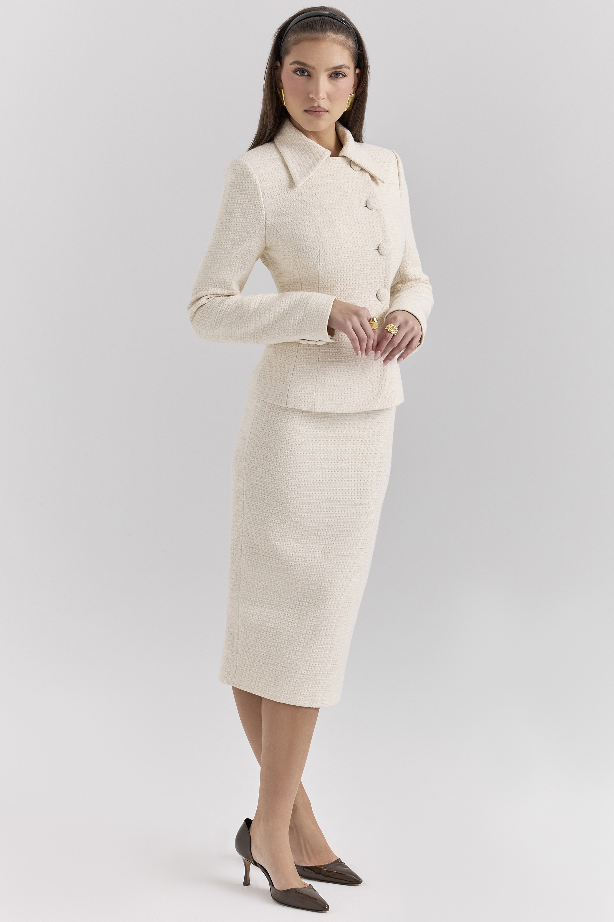 Lena Cream Boucle Pencil Midi Skirt