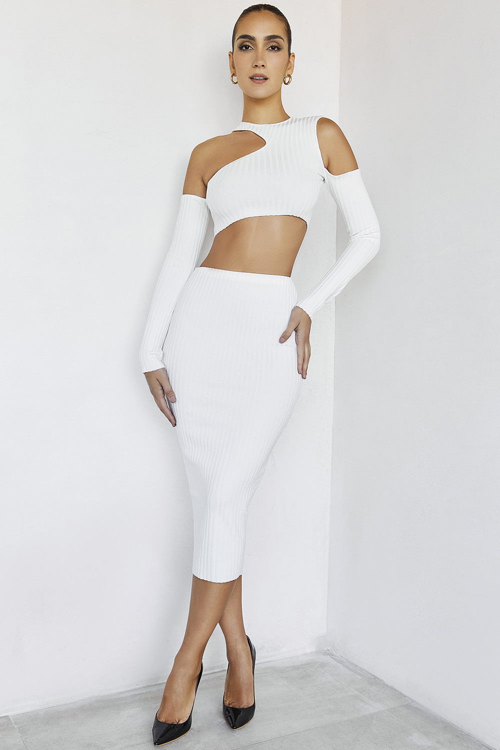 SkylineMistress Rocks  White Ribbed Bandage Midi Skirt - SALE