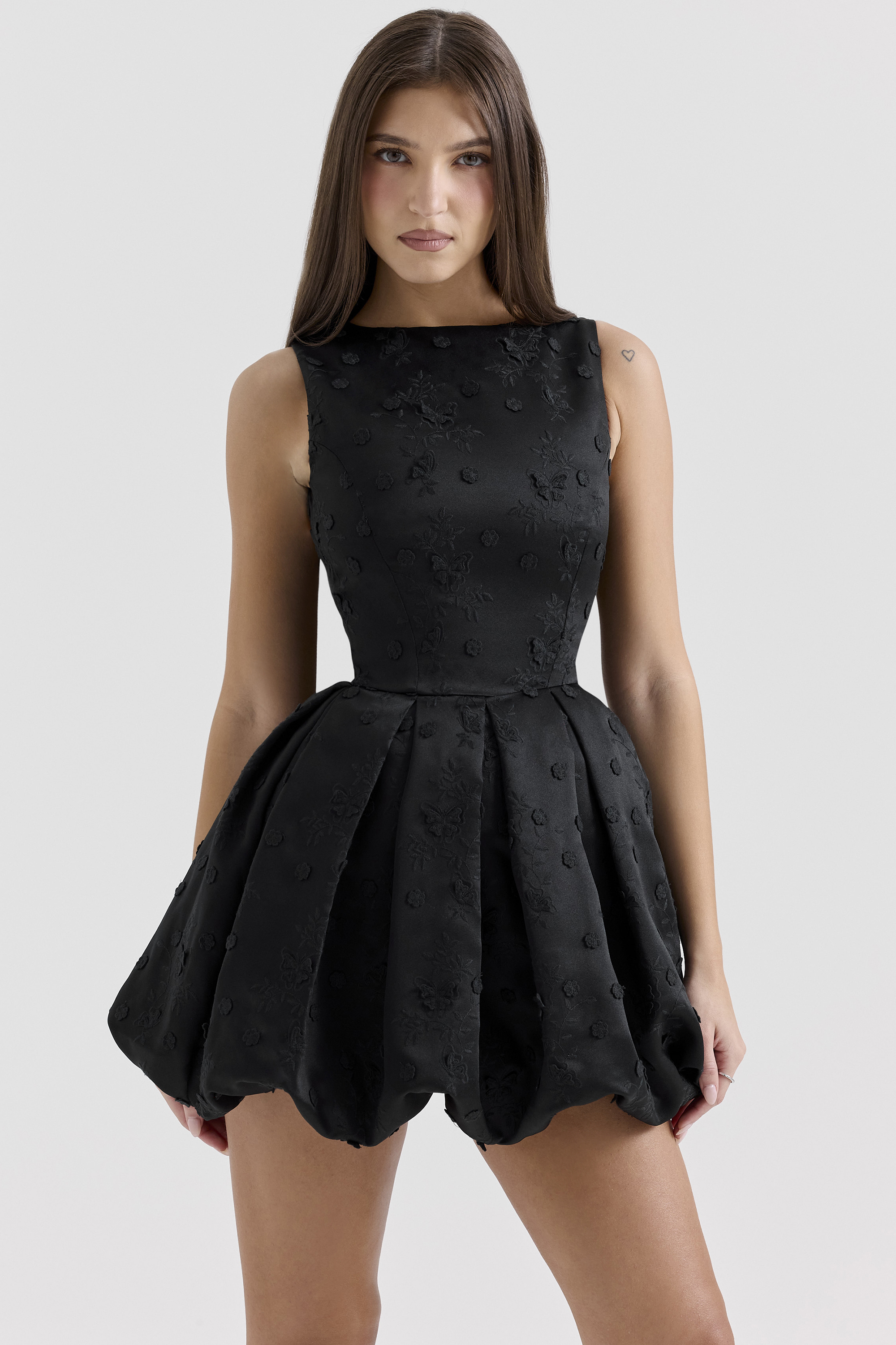 Melika Black Backless Embroidered Mini Puffball Dress