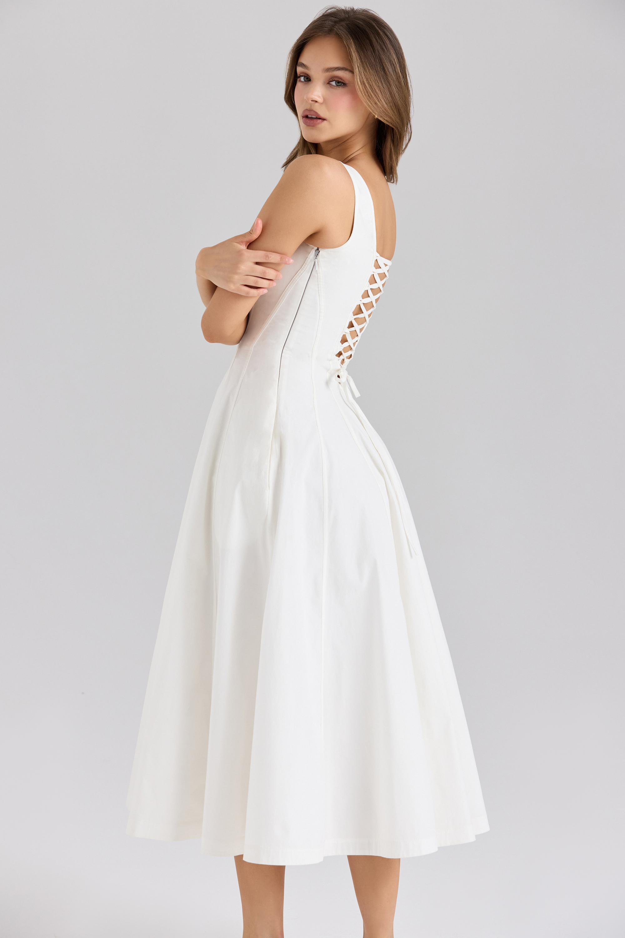 Mariabella White Stretch Cotton Midi Sundress