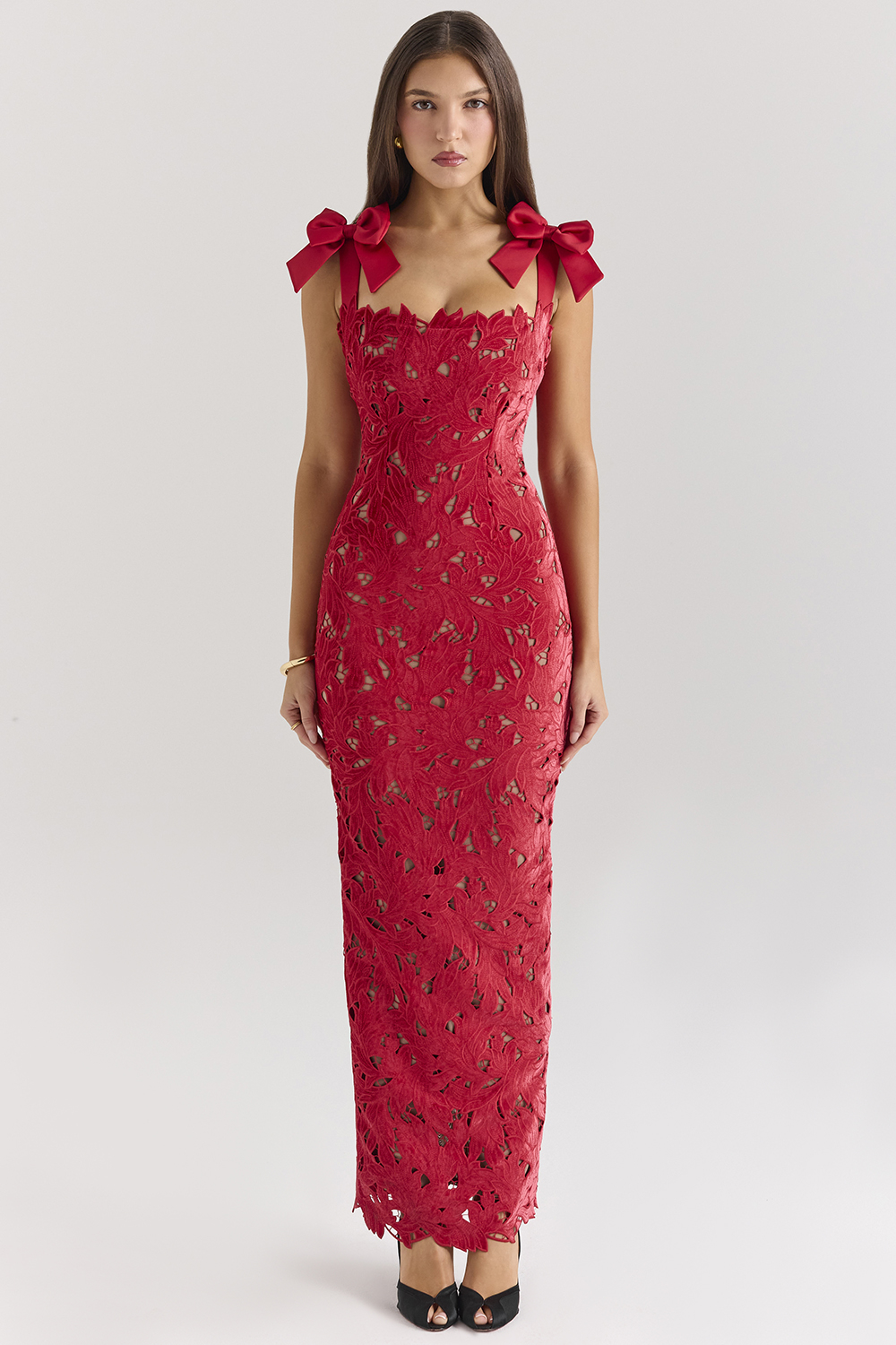 Tiff Holly Red Velvet Lace Maxi Dress