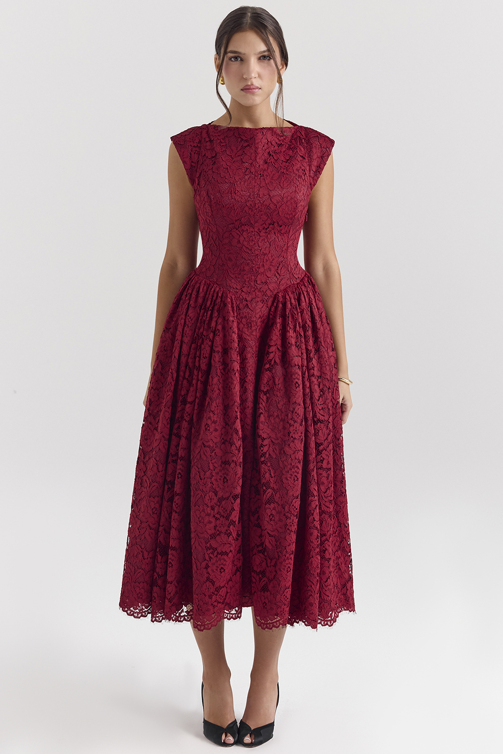 Debutante Berry Lace Backless Midi Dress