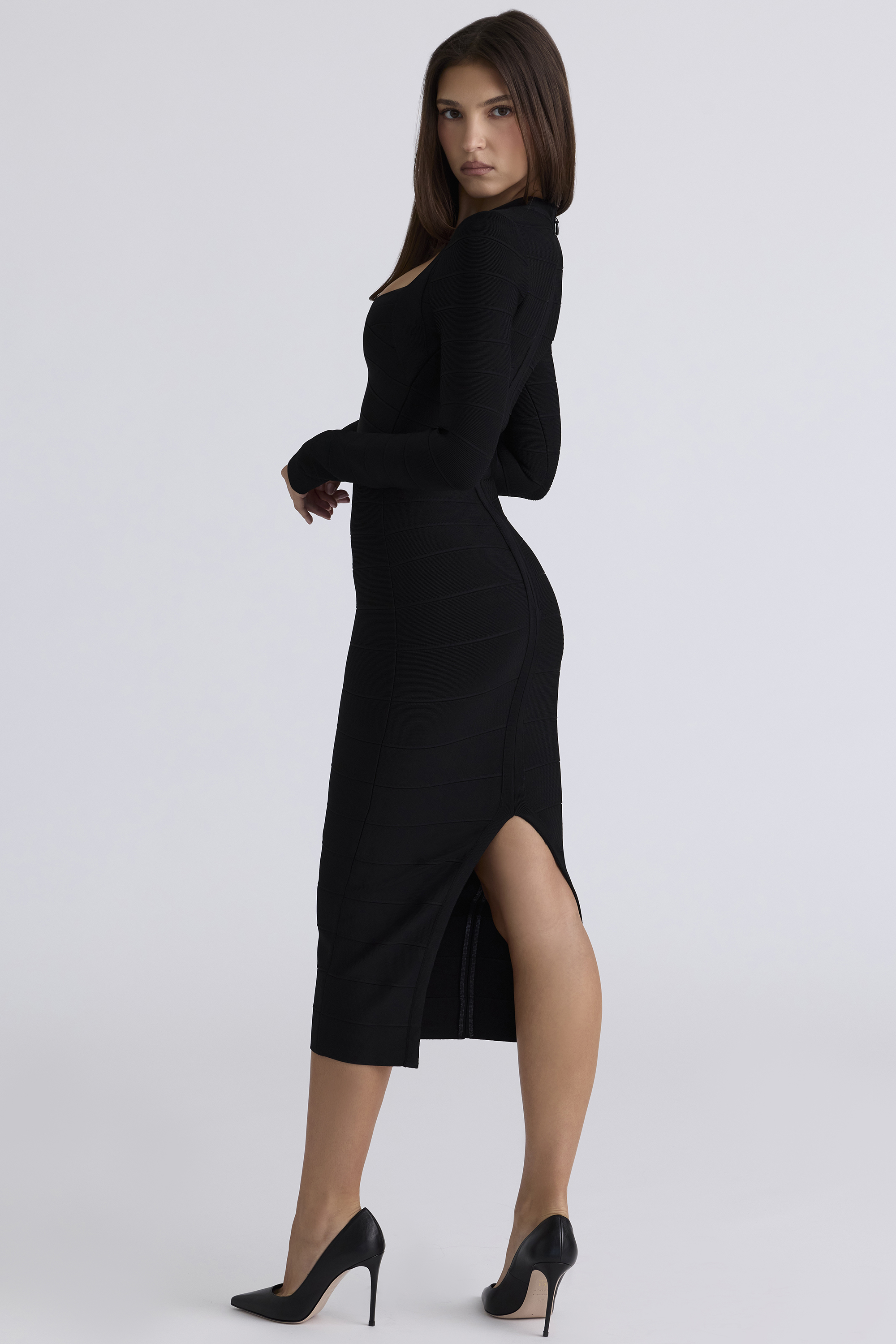 The Naomi Black Long Sleeve Bandage Midi Dress